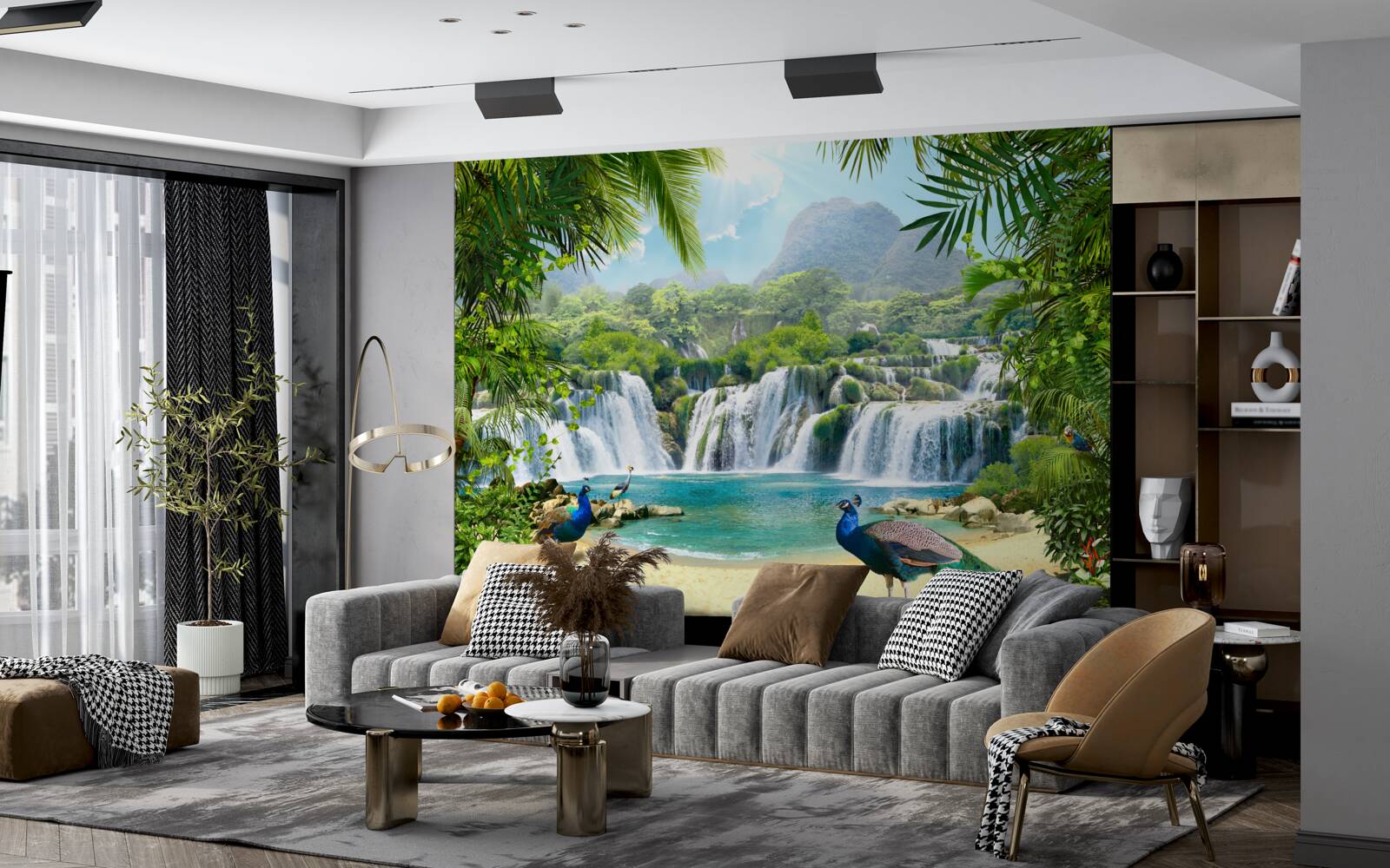 Fotobehang waterval in de magische tropen, thuisbasis van pauwen