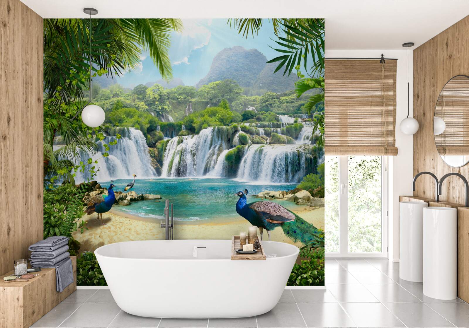 Fotobehang waterval in de magische tropen, thuisbasis van pauwen