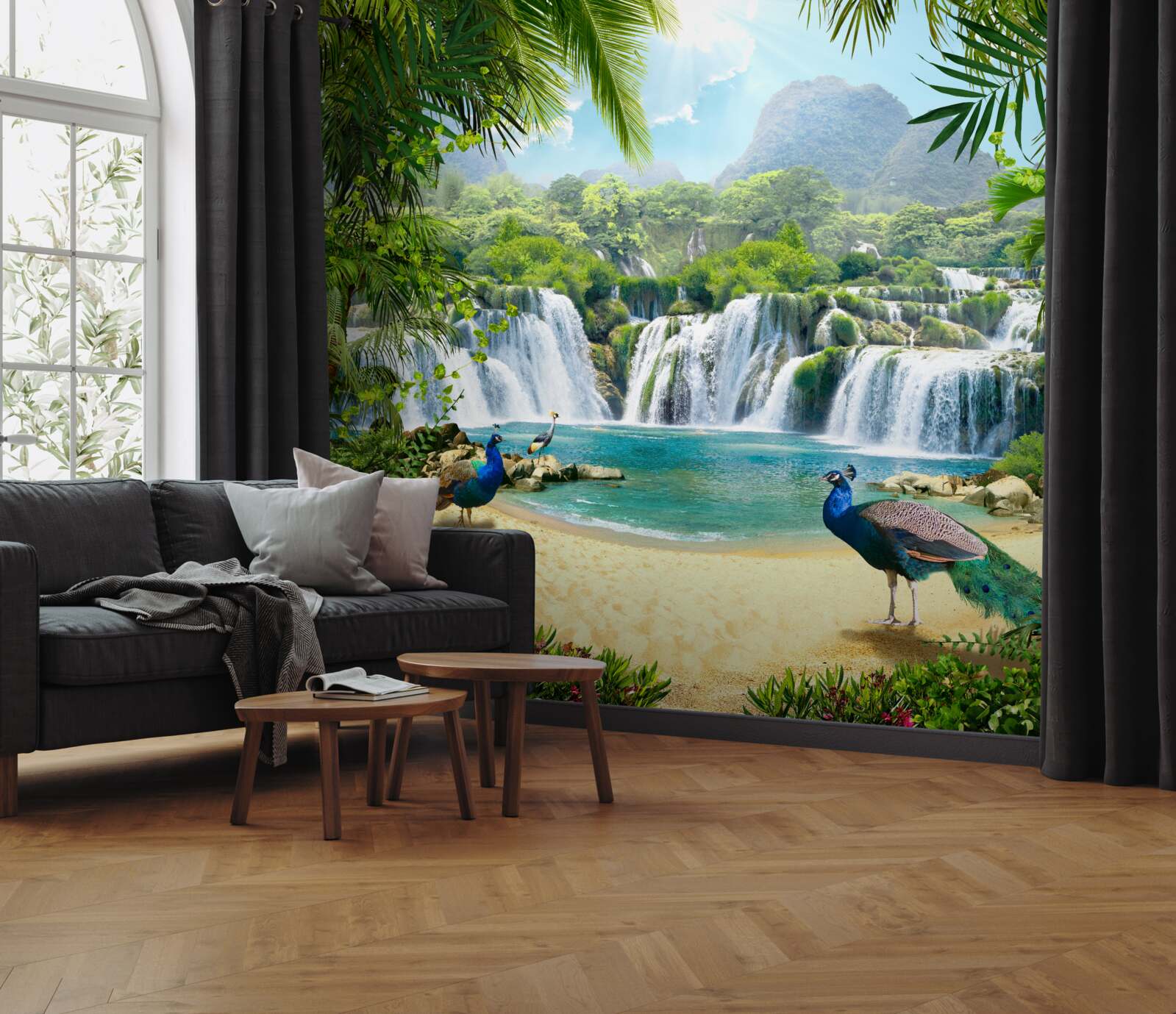 Fotobehang waterval in de magische tropen, thuisbasis van pauwen