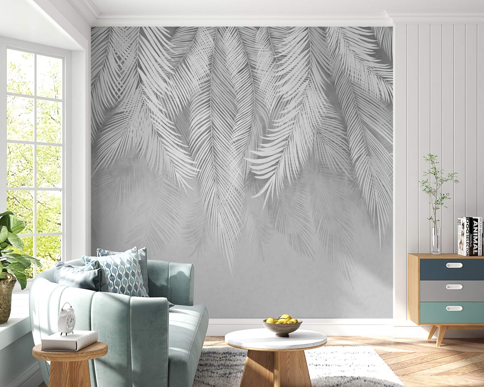 Fotobehang witte palmbladeren hangen