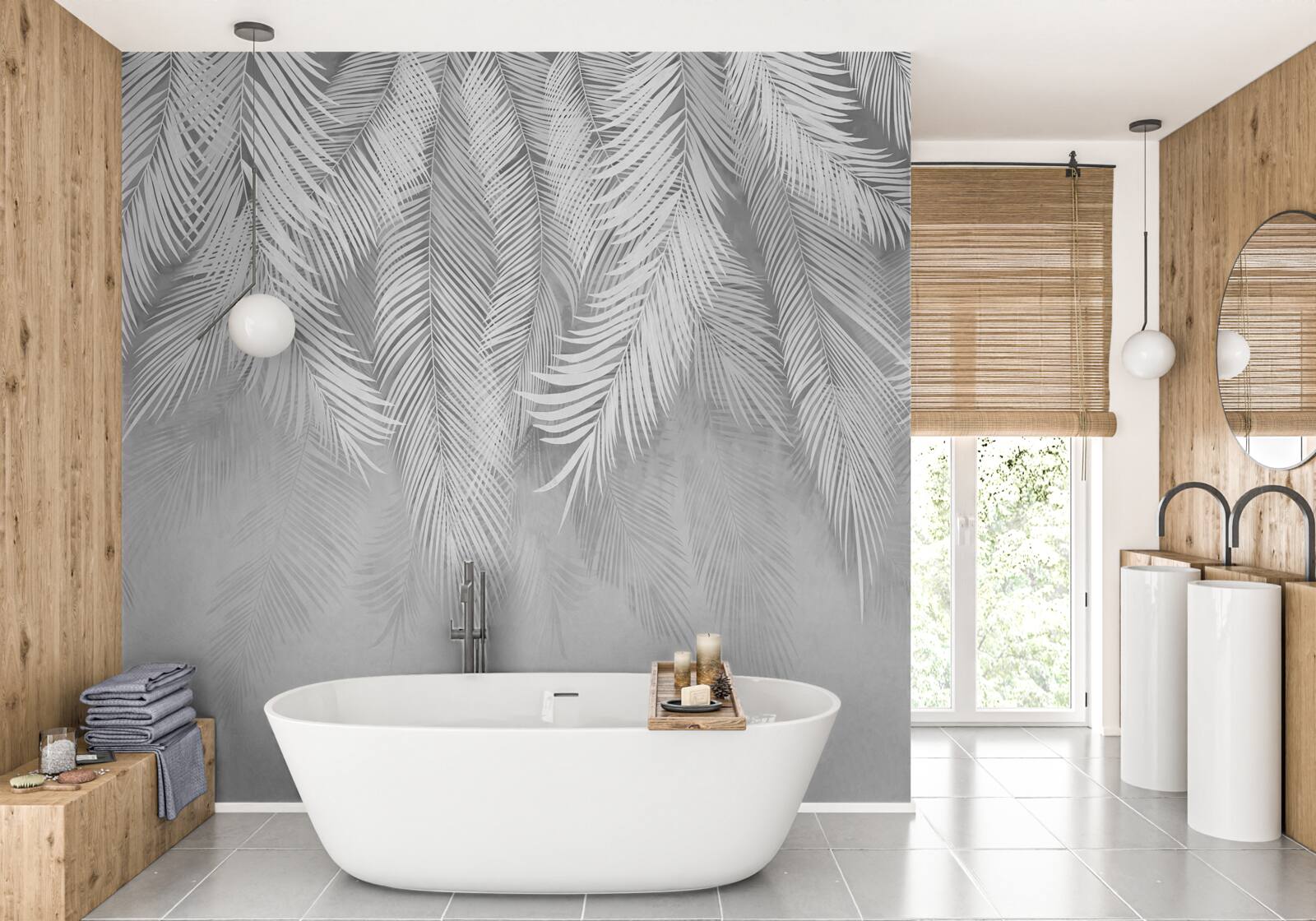 Fotobehang witte palmbladeren hangen