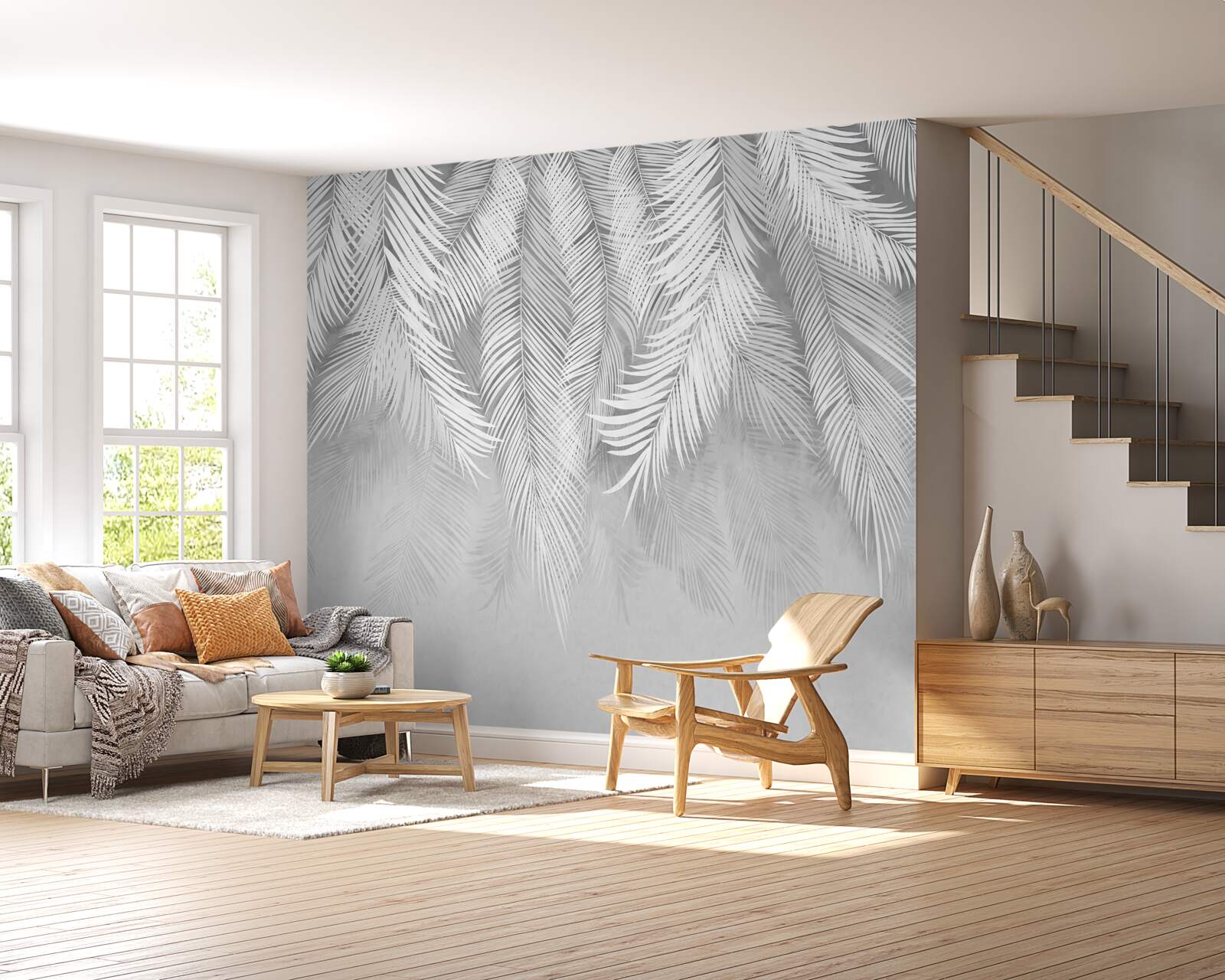 Fotobehang witte palmbladeren hangen