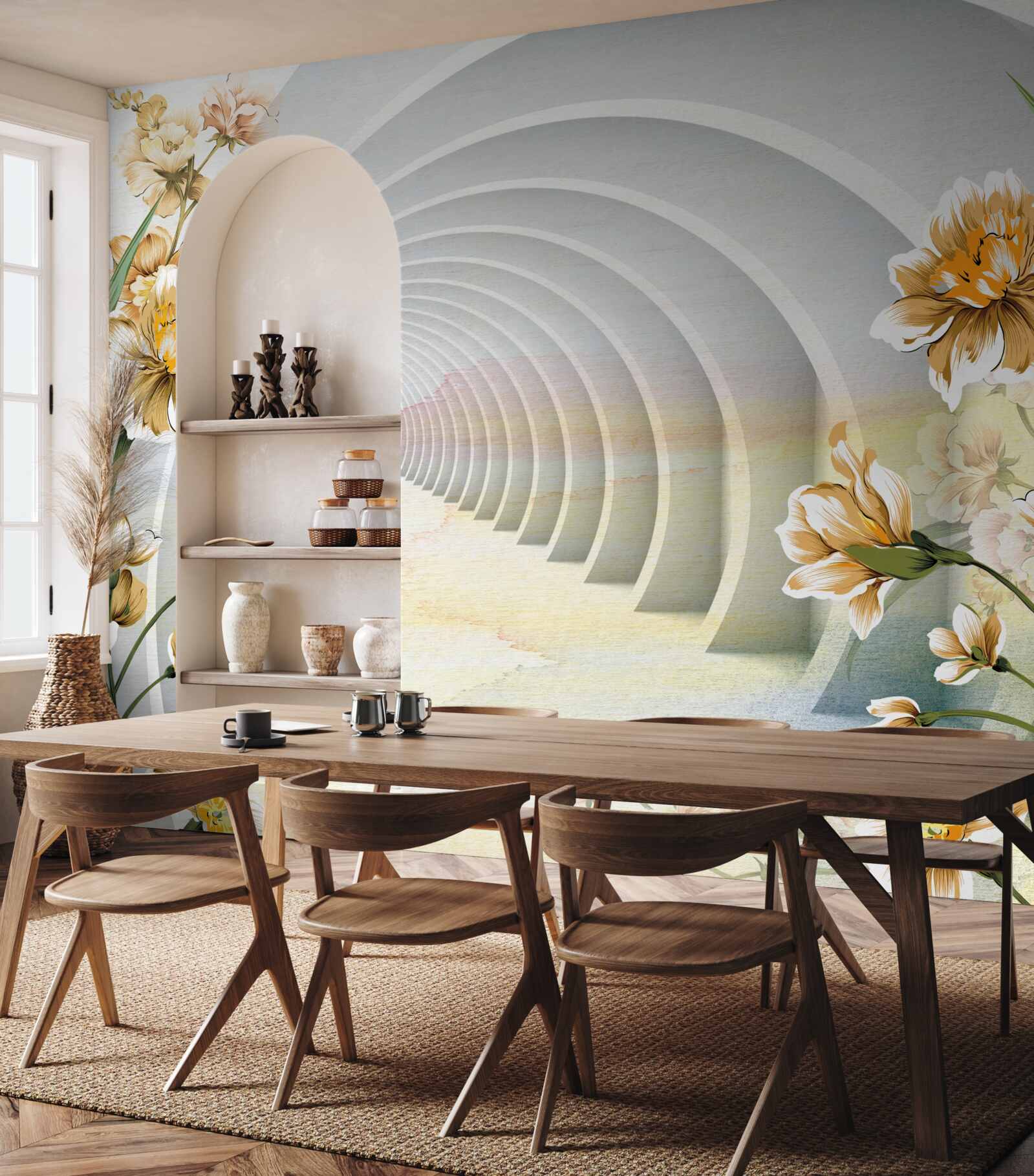 Fotobehang Bogen versierd met witte bloemen