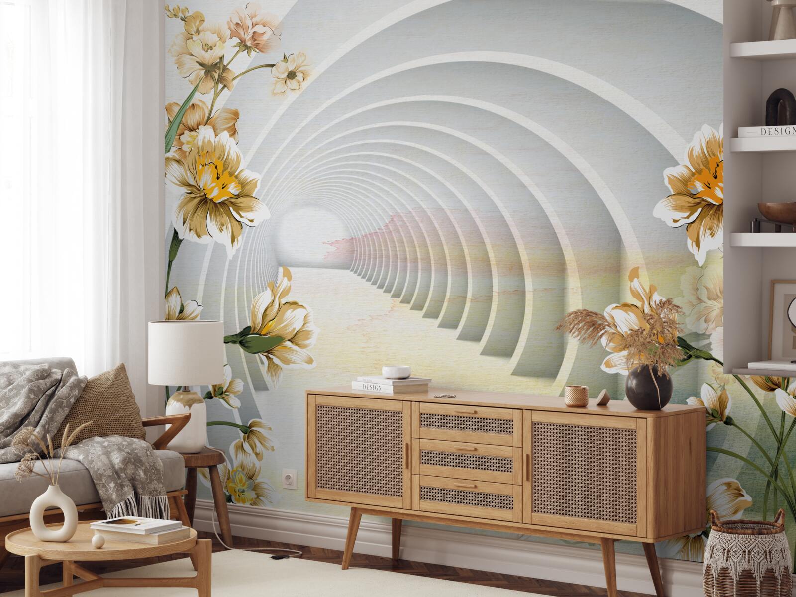 Fotobehang Bogen versierd met witte bloemen