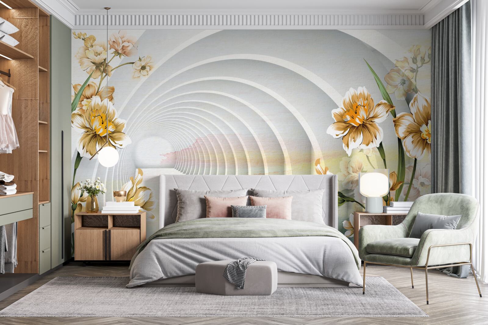 Fotobehang Bogen versierd met witte bloemen