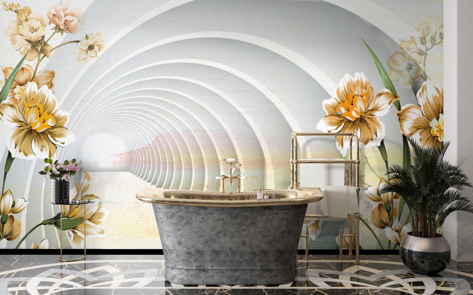 Fotobehang Bogen versierd met witte bloemen