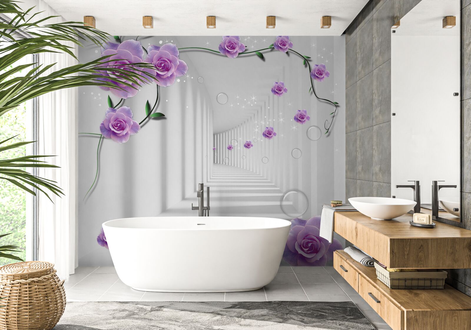 Fotobehang de bloemen die bloeiden op de achtergrond van de tunnel