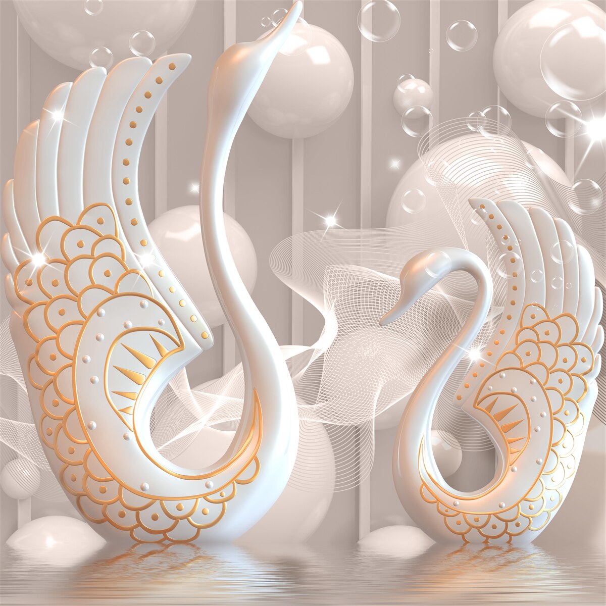 Fotobehang twee sneeuwwitte zwanen met een gouden omlijsting