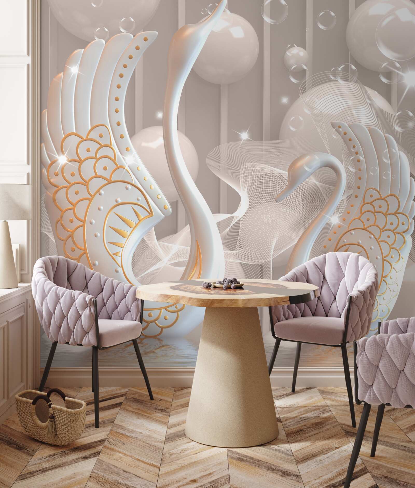 Fotobehang twee sneeuwwitte zwanen met een gouden omlijsting