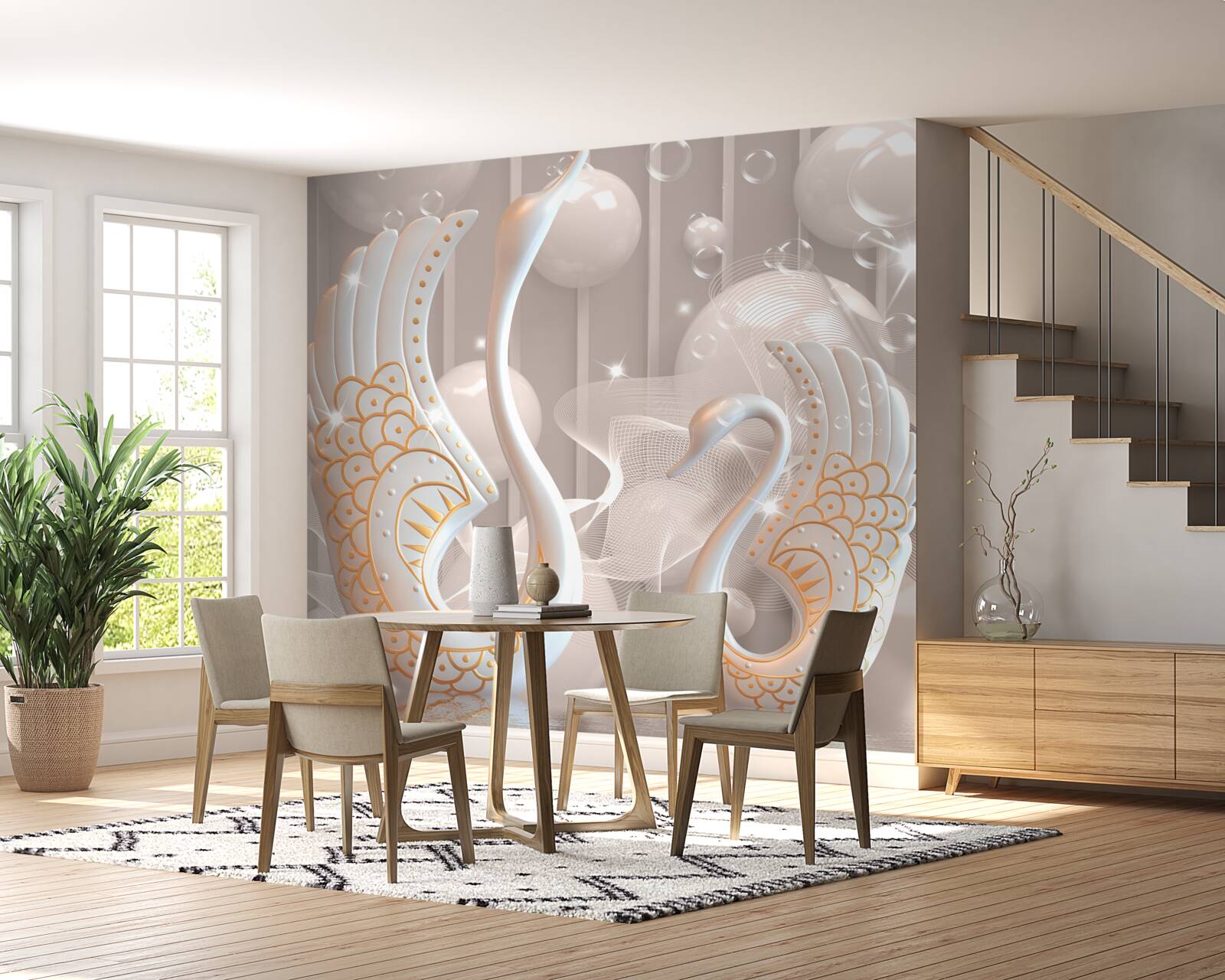 Fotobehang twee sneeuwwitte zwanen met een gouden omlijsting