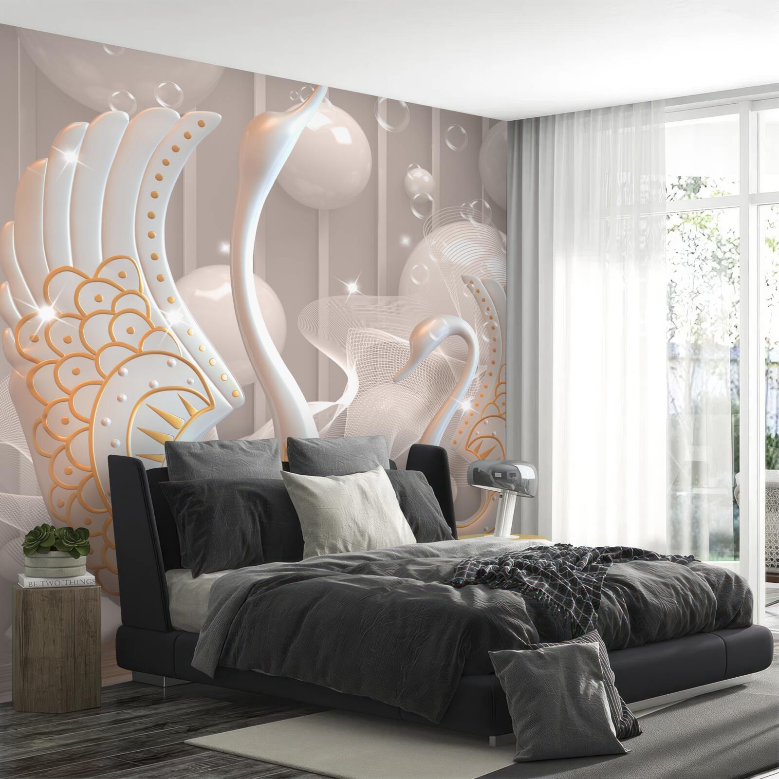 Fotobehang twee sneeuwwitte zwanen met een gouden omlijsting