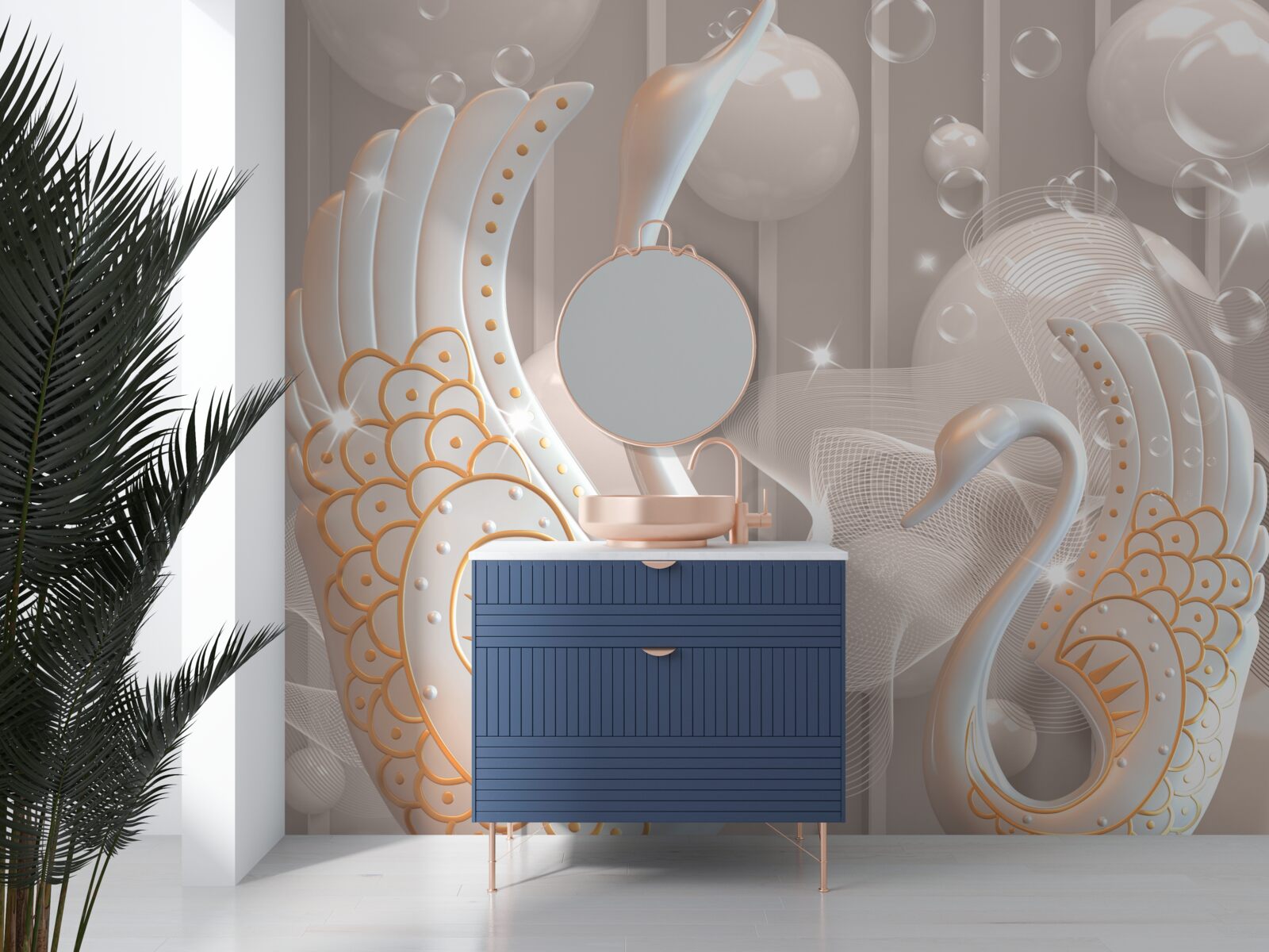 Fotobehang twee sneeuwwitte zwanen met een gouden omlijsting