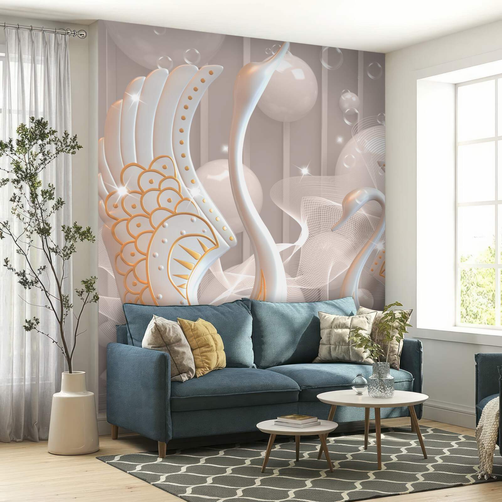 Fotobehang twee sneeuwwitte zwanen met een gouden omlijsting