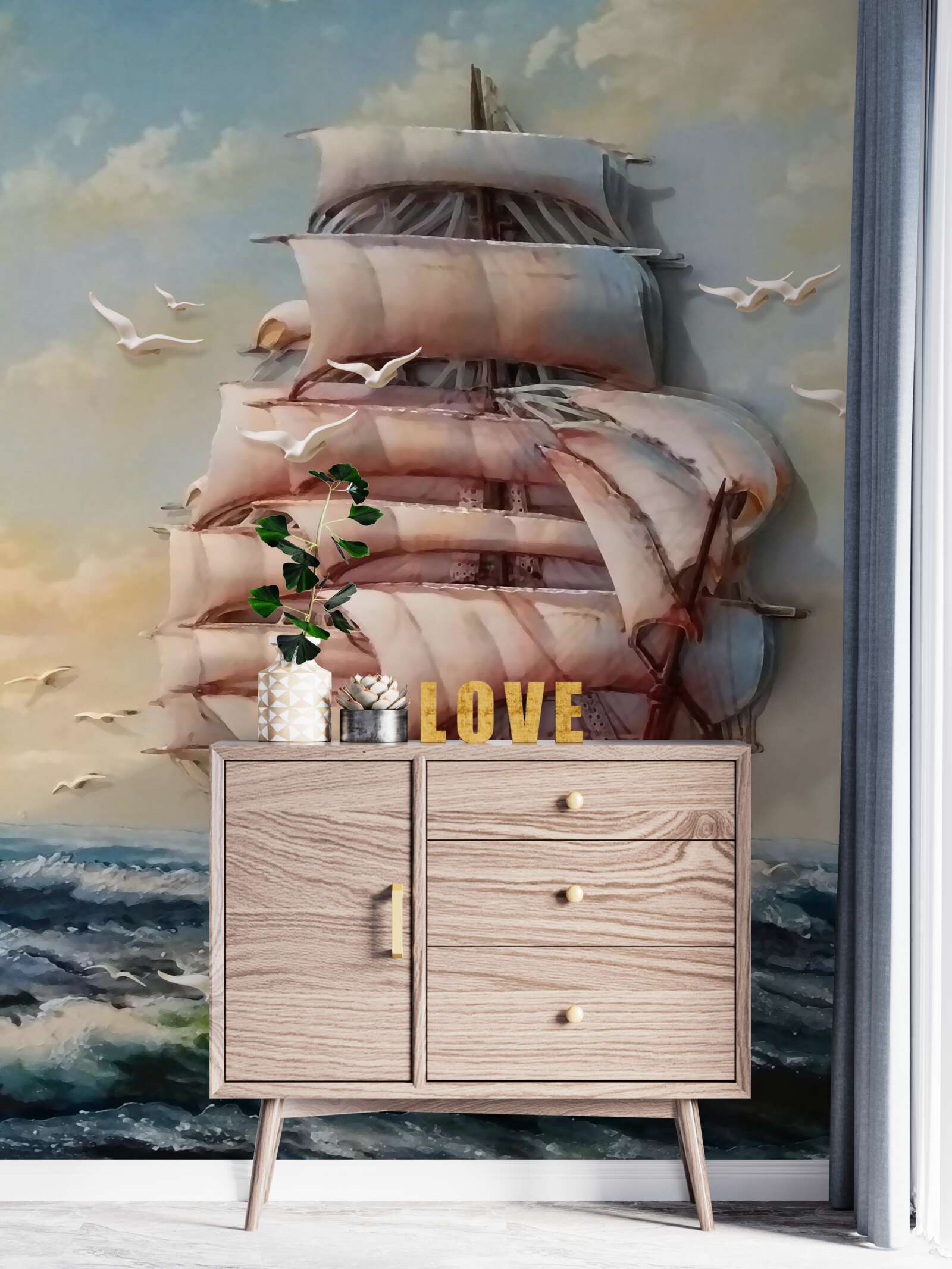 Fotobehang elegant schip met zeilen in een storm