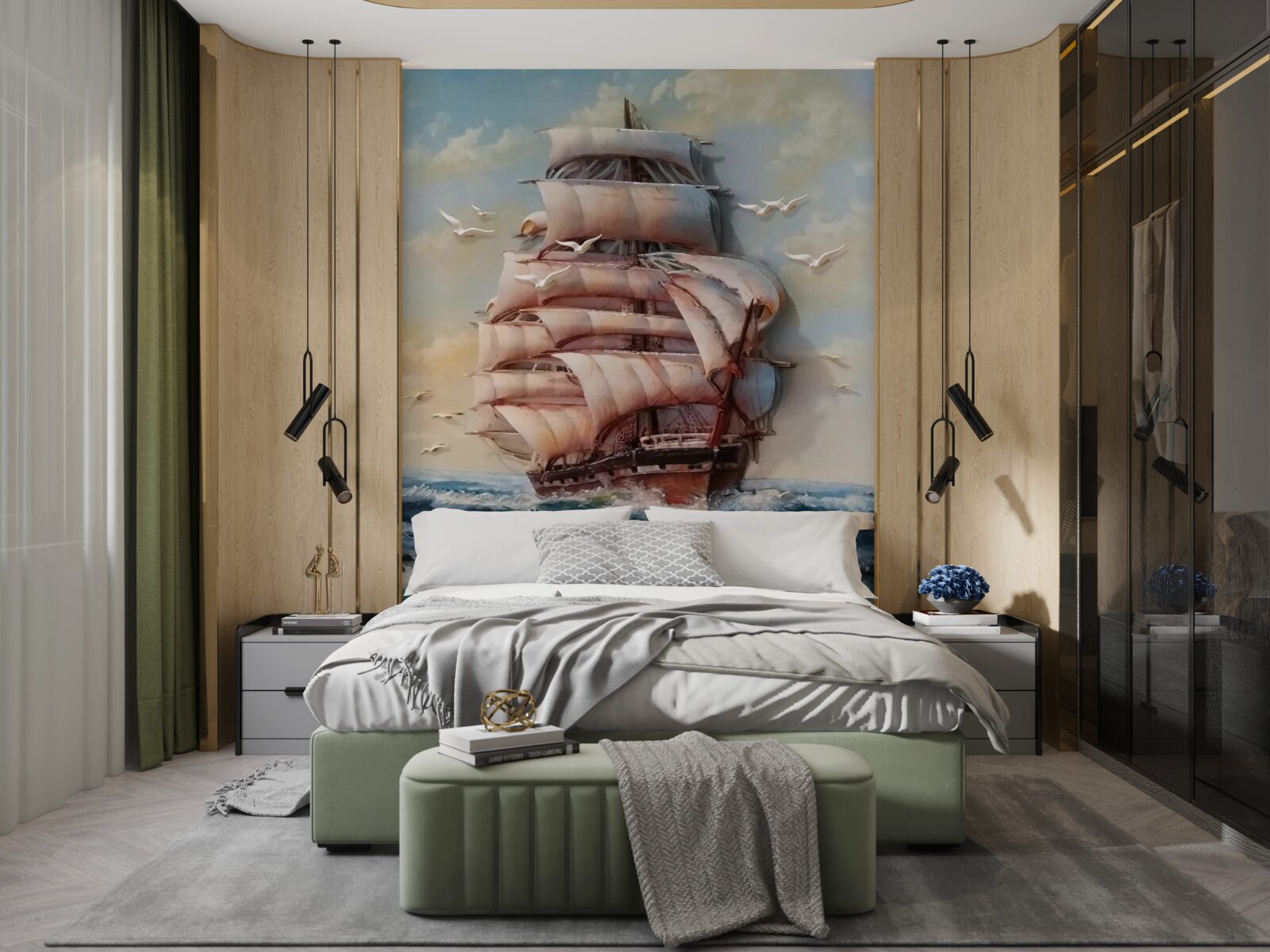 Fotobehang elegant schip met zeilen in een storm