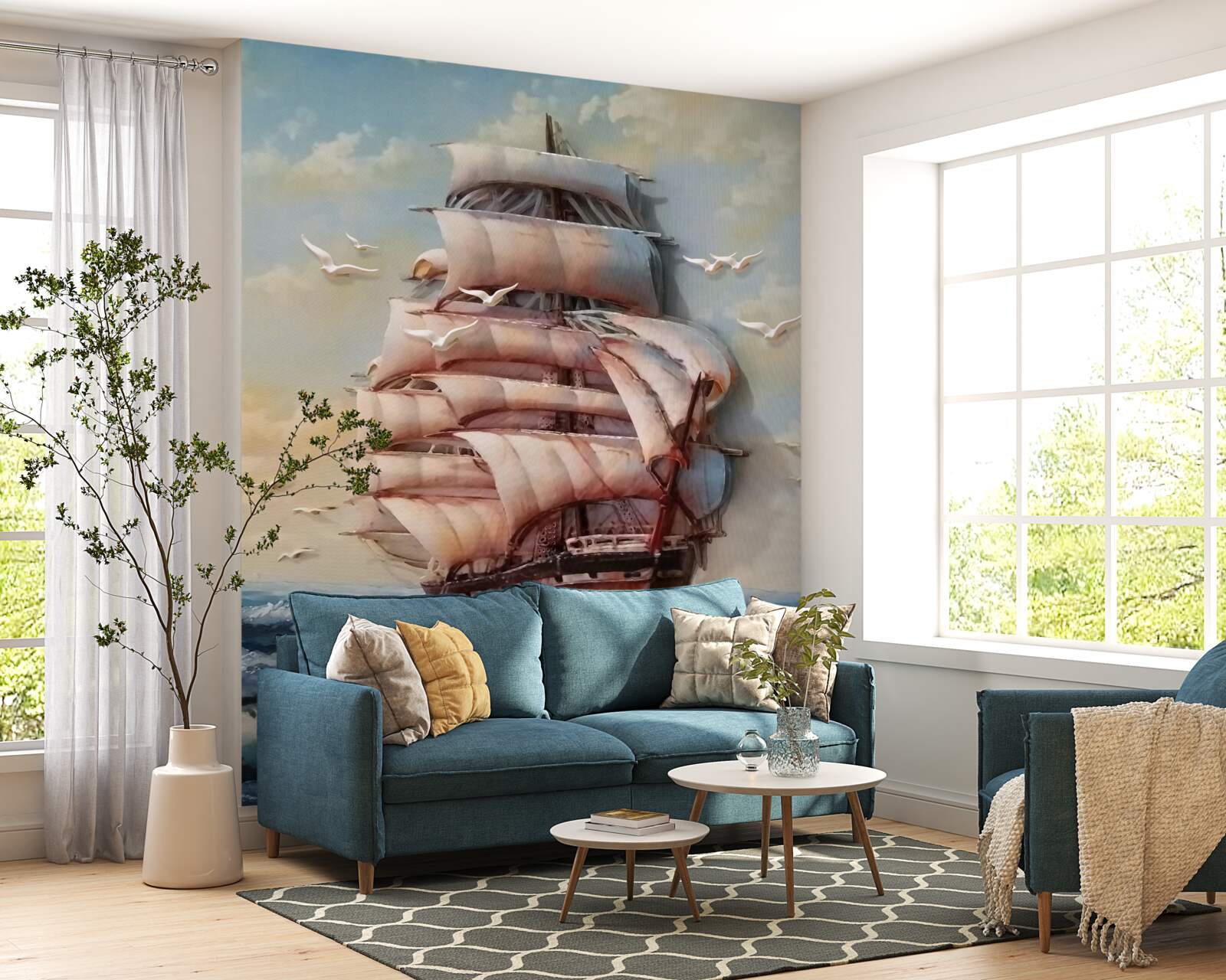 Fotobehang elegant schip met zeilen in een storm