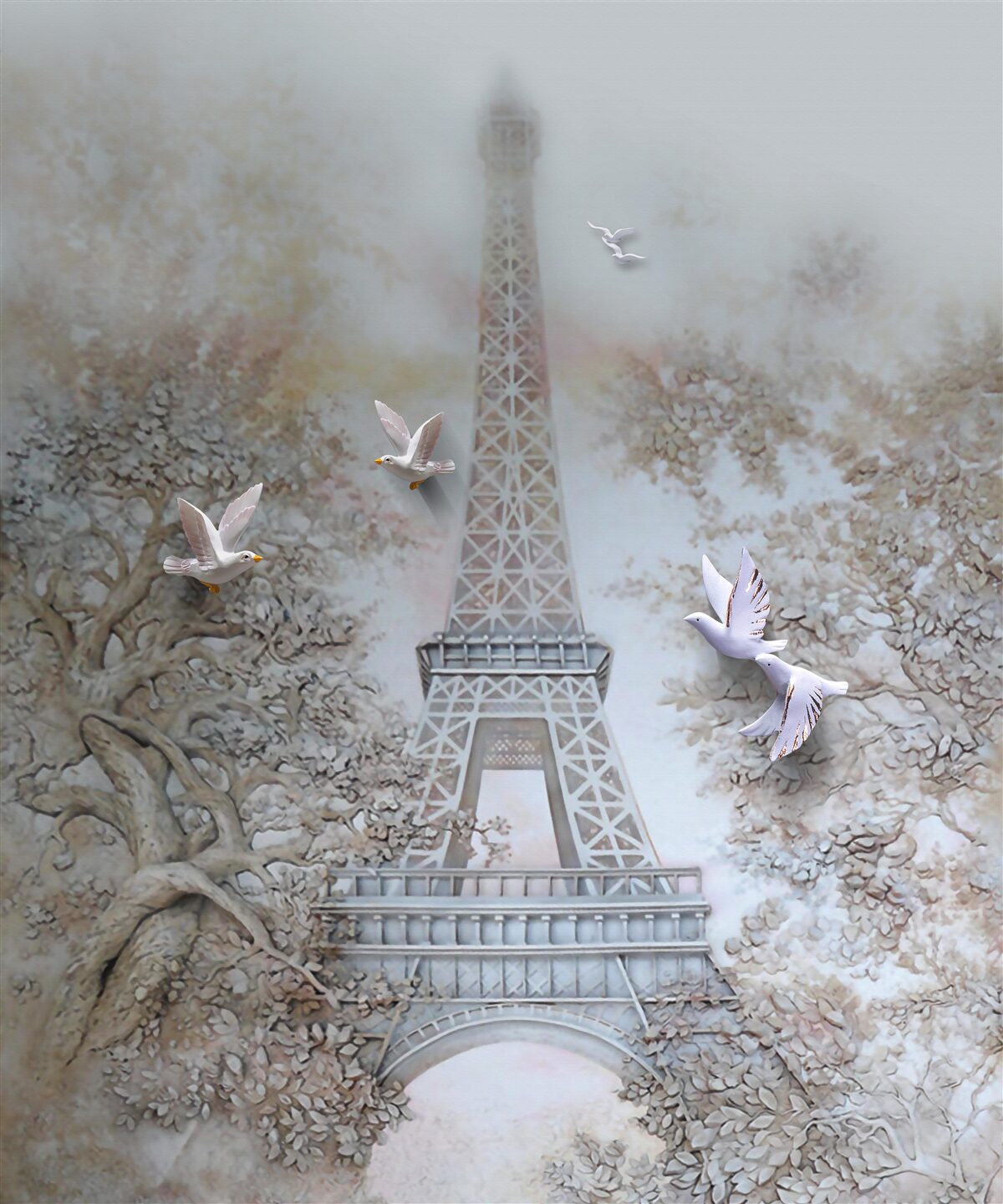 Fotobehang ochtendmist omringt de eiffeltoren