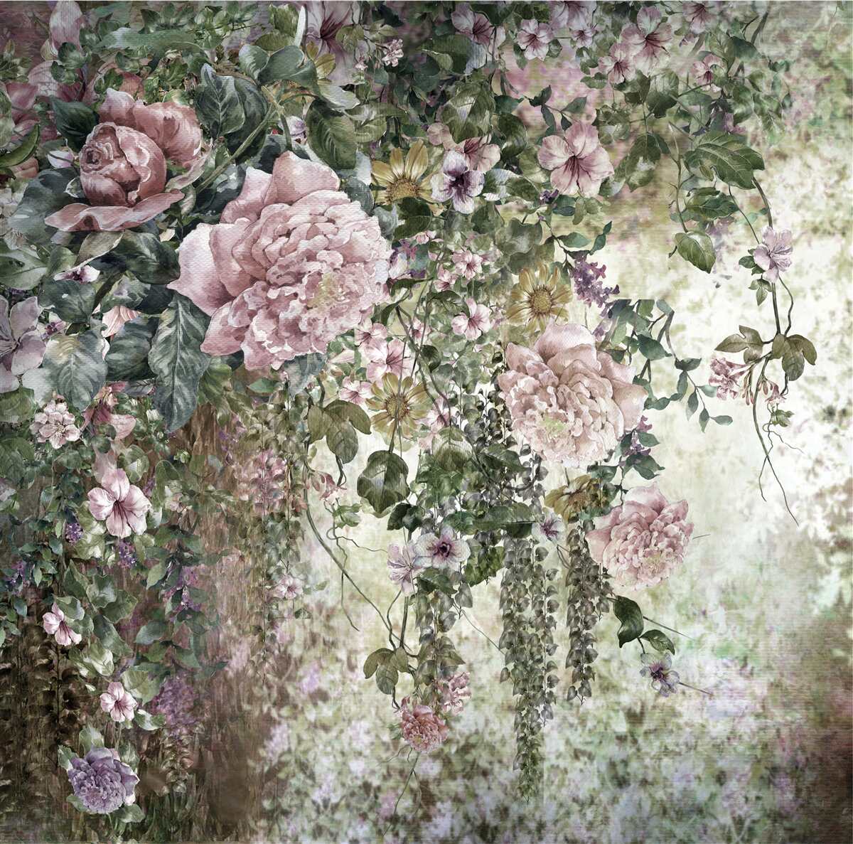 Fotobehang groen omringd door een verscheidenheid aan lentebloemen