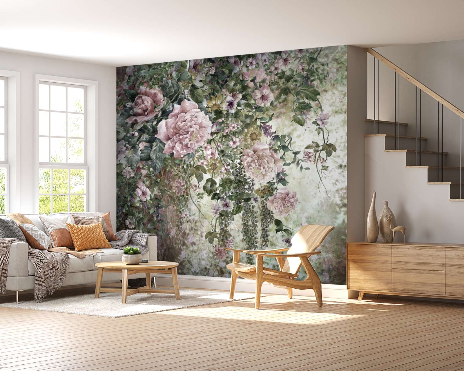 Fotobehang groen omringd door een verscheidenheid aan lentebloemen