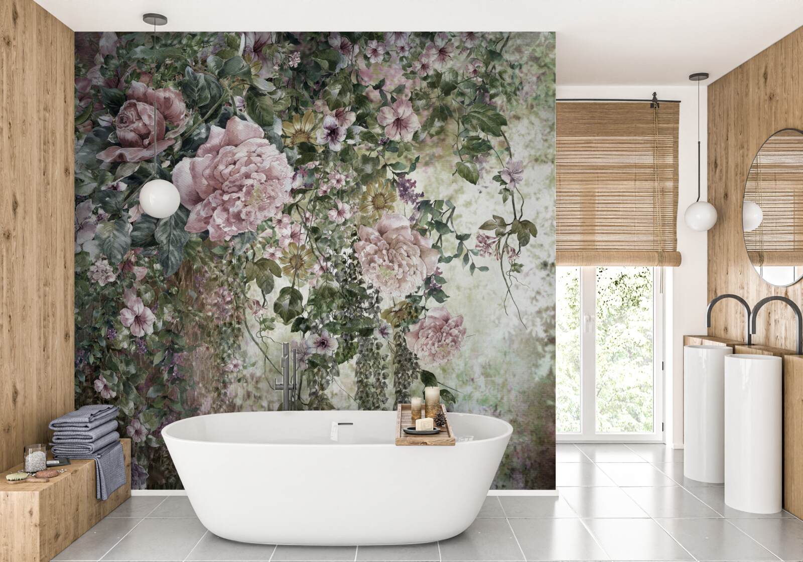 Fotobehang groen omringd door een verscheidenheid aan lentebloemen