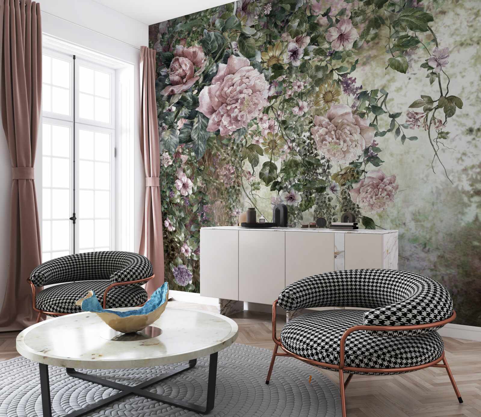 Fotobehang groen omringd door een verscheidenheid aan lentebloemen