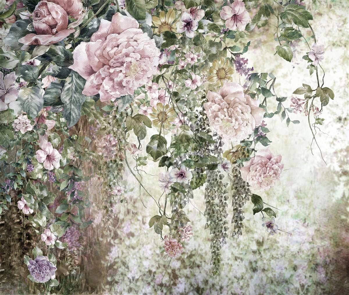 Fotobehang takken van tere bloemen die naar beneden vallen