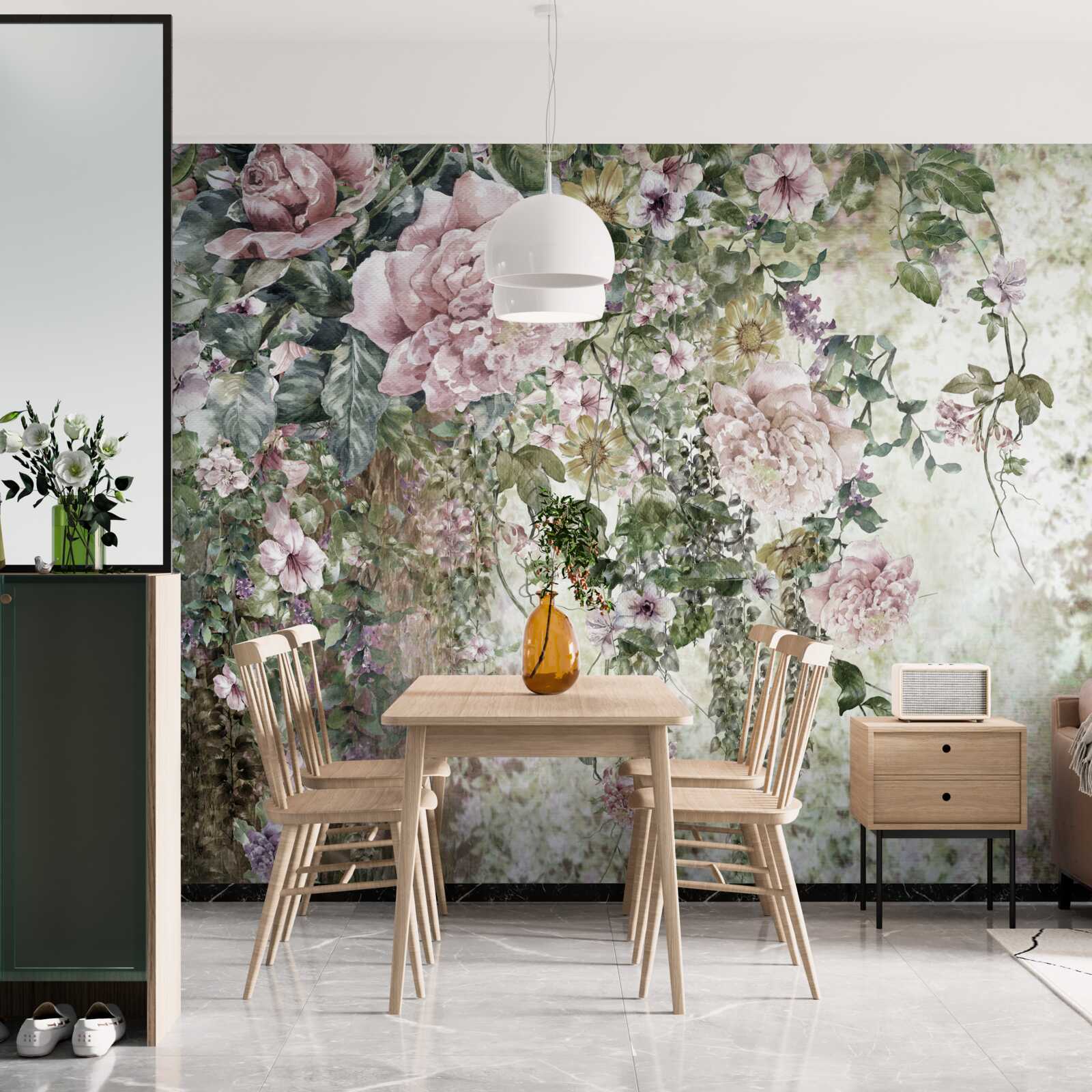 Fotobehang takken van tere bloemen die naar beneden vallen