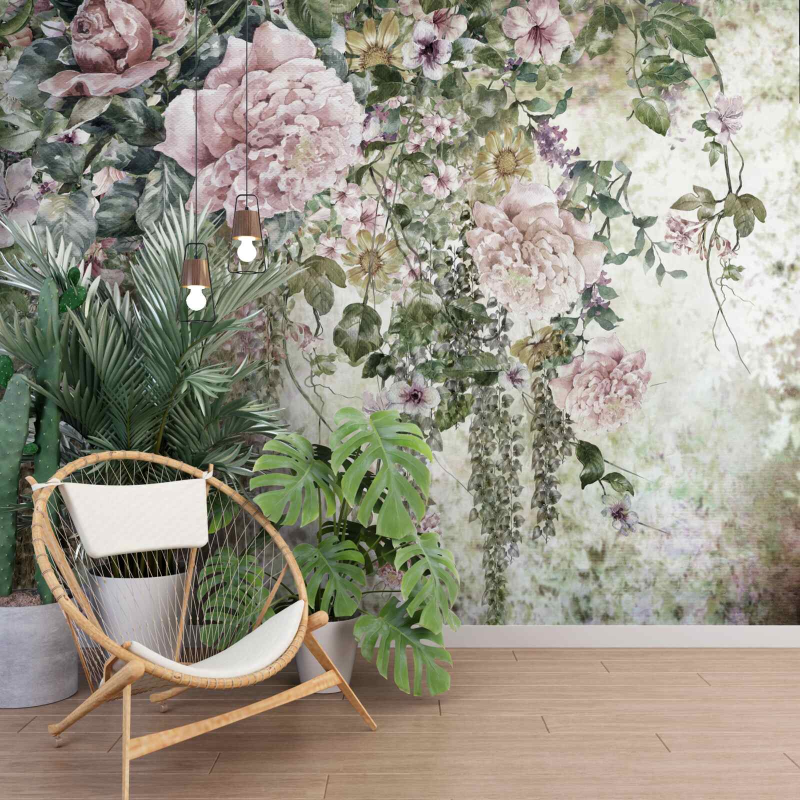 Fotobehang takken van tere bloemen die naar beneden vallen