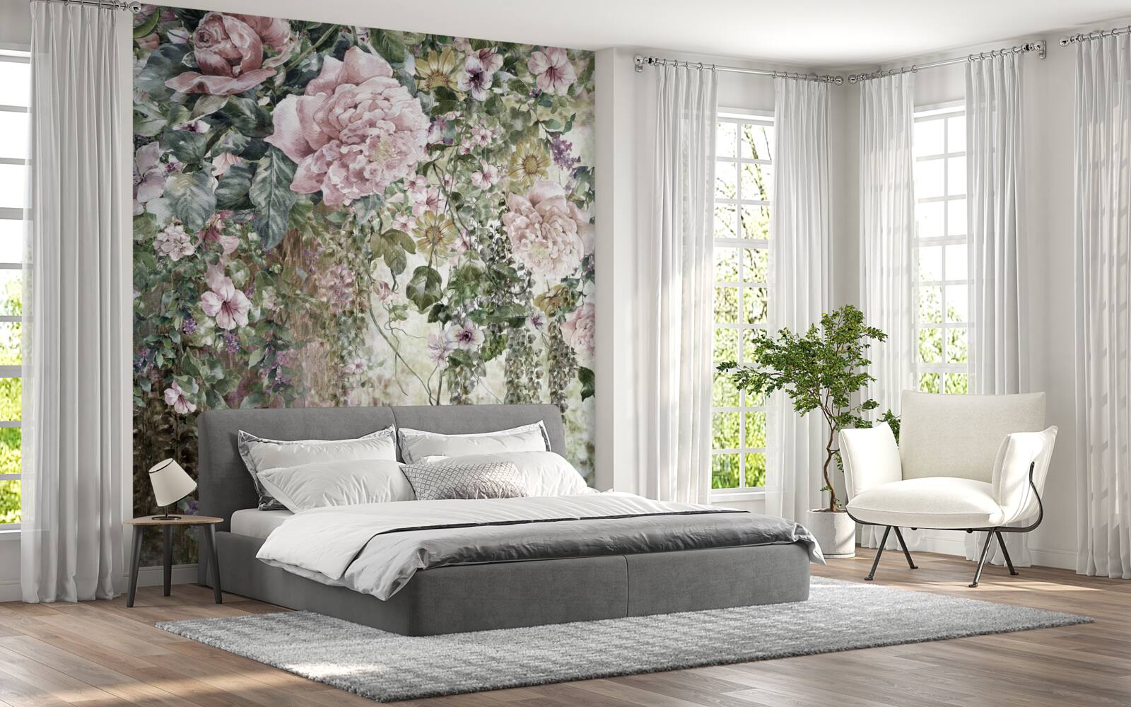 Fotobehang takken van tere bloemen die naar beneden vallen