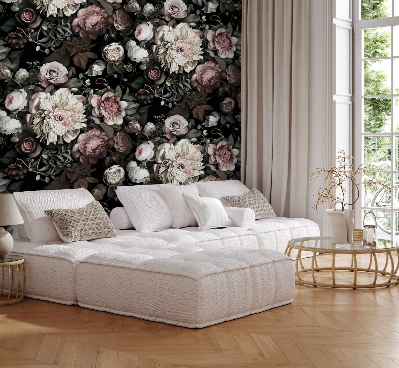 Fotobehang compositie van lichte bloementinten