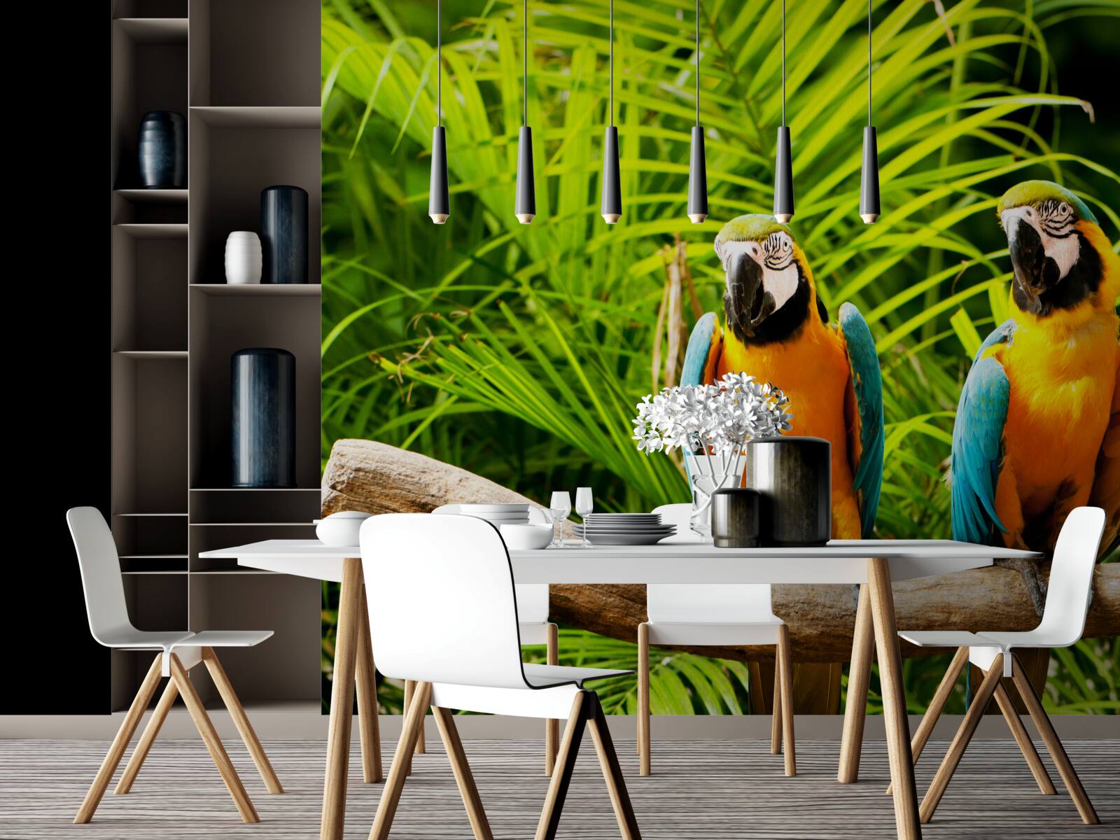 Fotobehang ara papegaaienfamilie op een tak omringd door groen