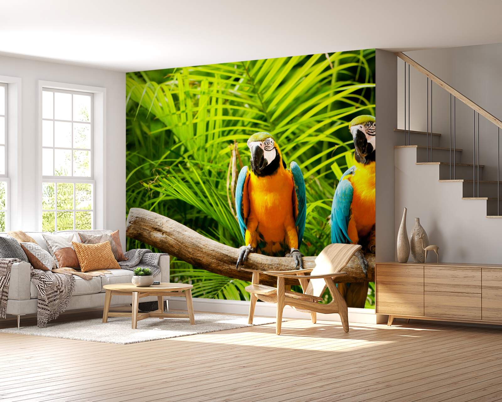 Fotobehang ara papegaaienfamilie op een tak omringd door groen