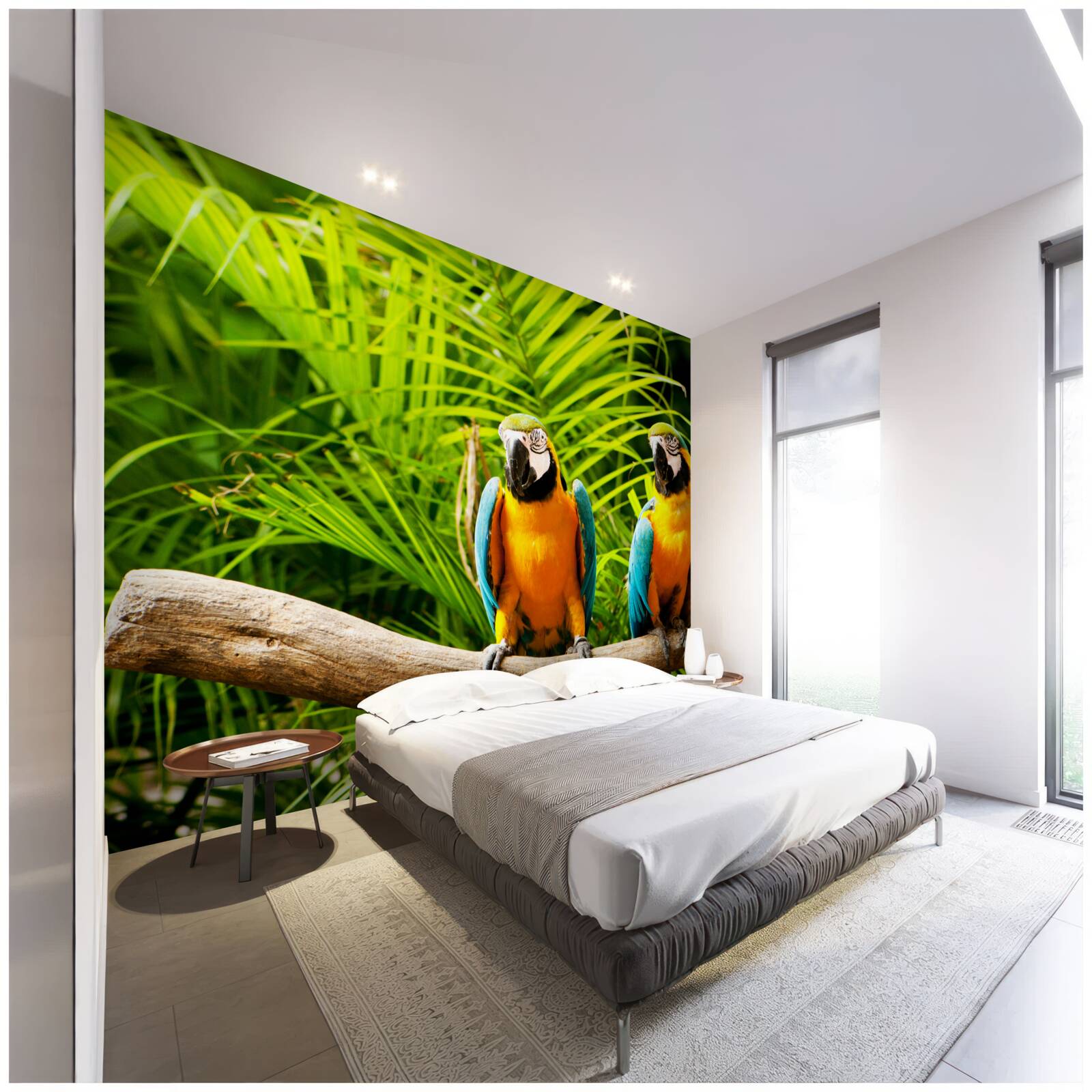 Fotobehang ara papegaaienfamilie op een tak omringd door groen