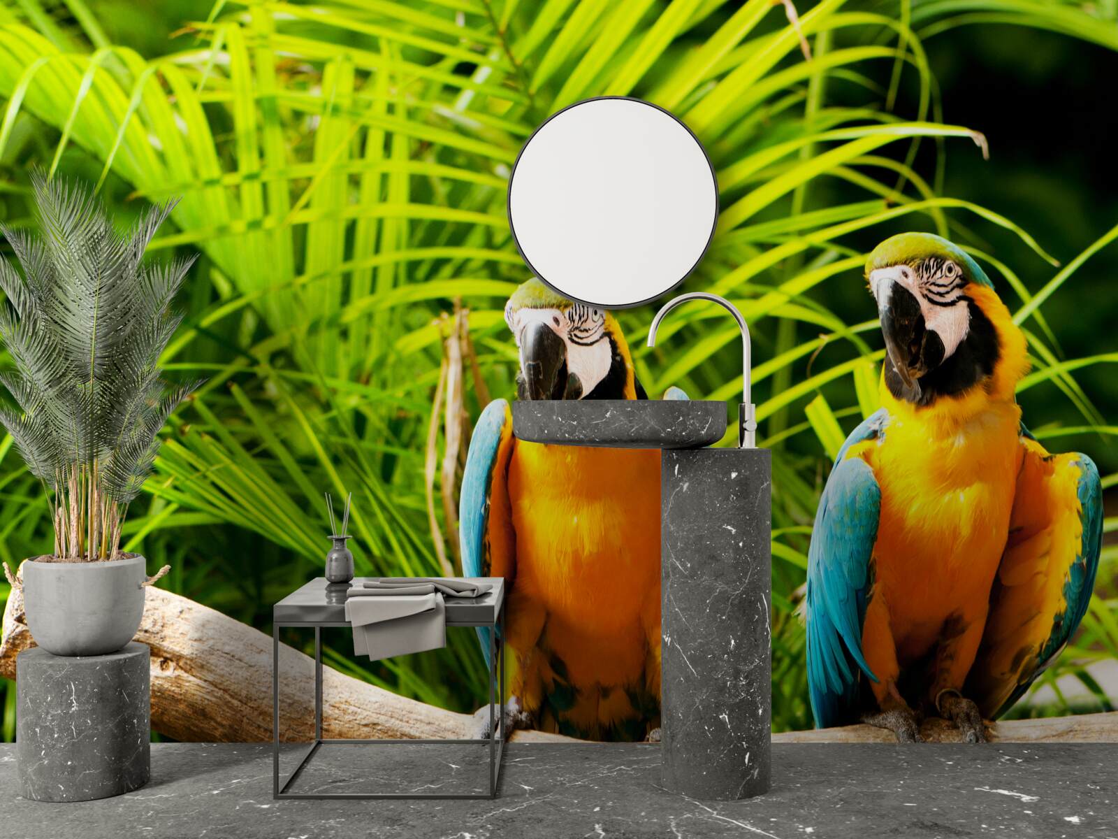 Fotobehang ara papegaaienfamilie op een tak omringd door groen