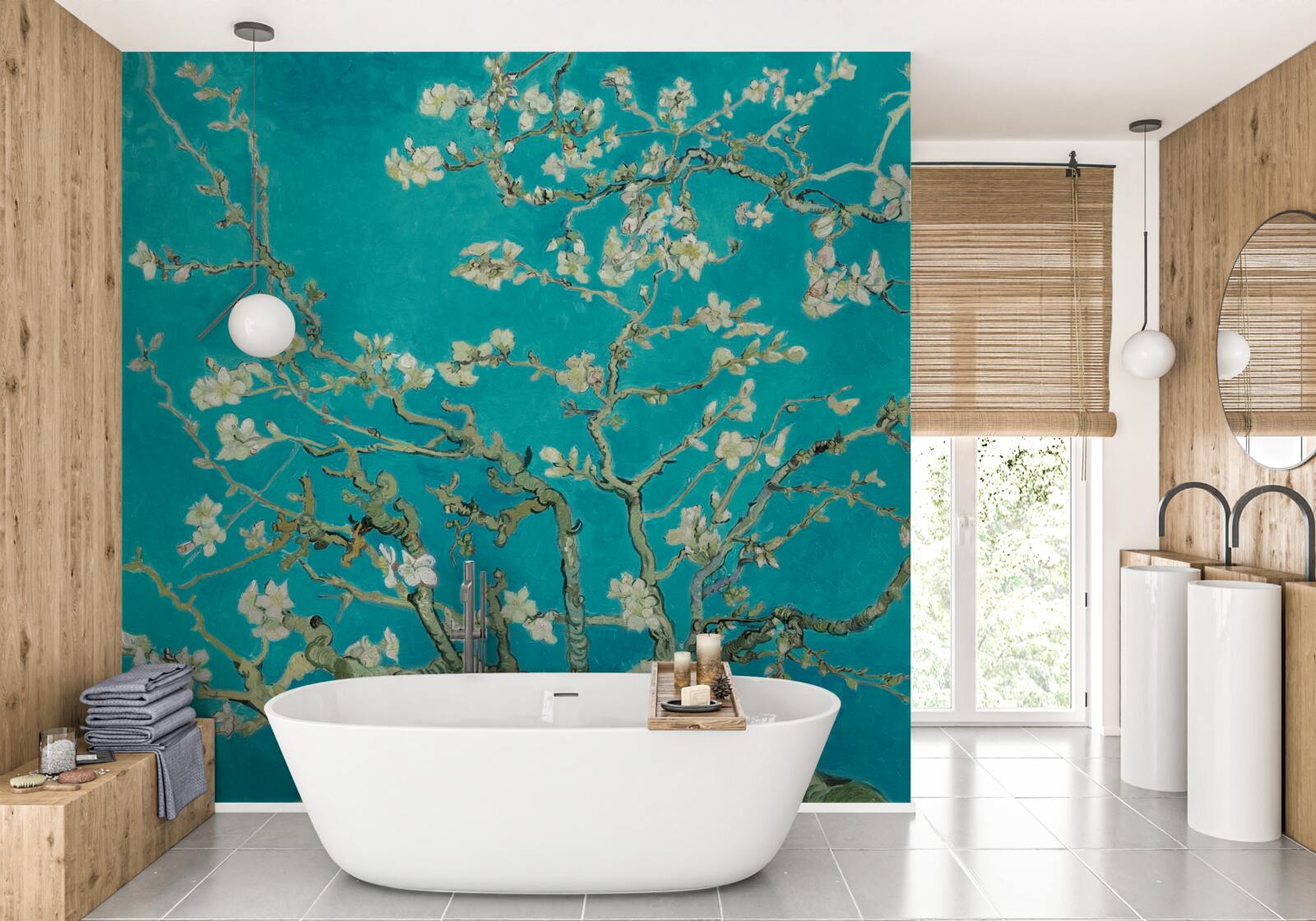 Fotobehang bloeiende amandeltakken