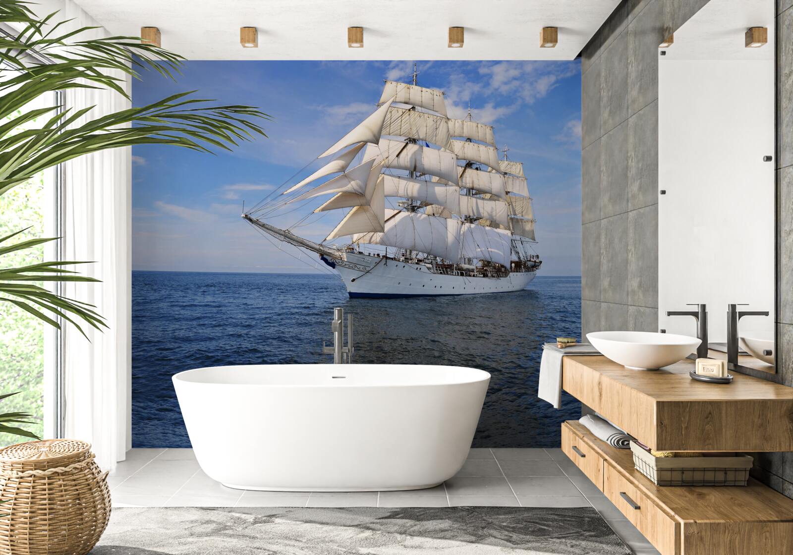 Fotobehang een schip met zeilen op een kalme zee