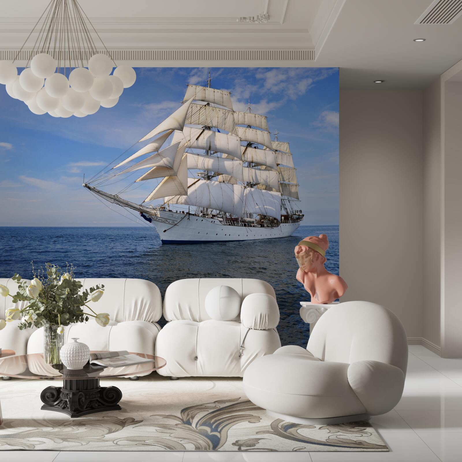 Fotobehang een schip met zeilen op een kalme zee