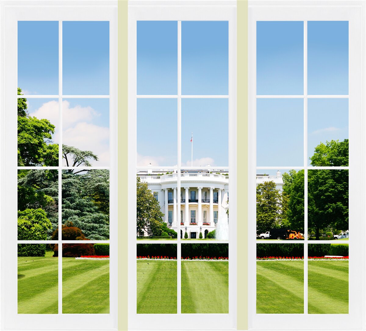 Fotobehang het huis is sneeuwwit met uitzicht op groene weiden voor de ramen