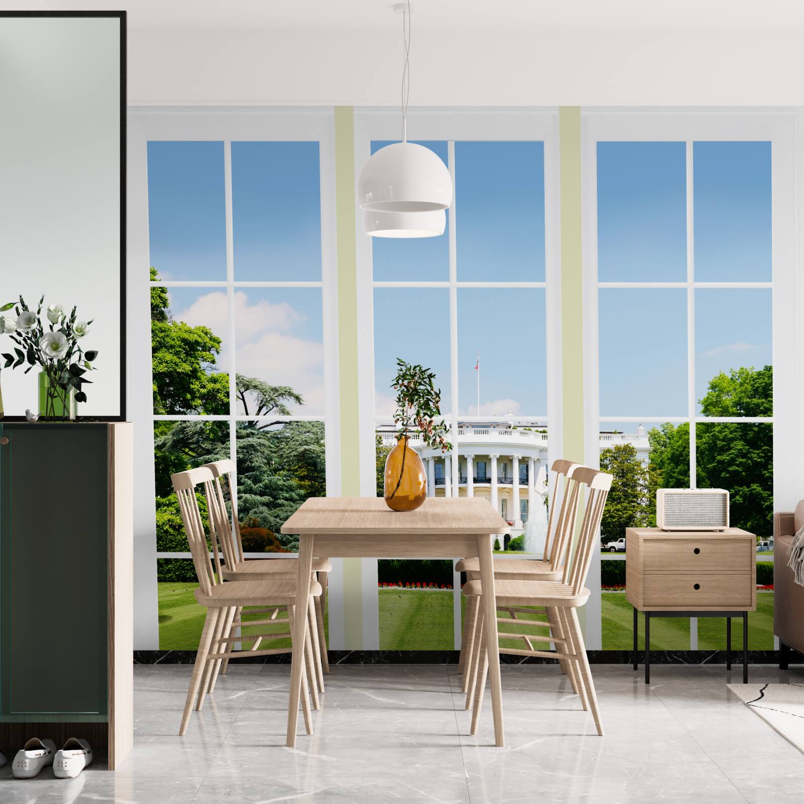 Fotobehang het huis is sneeuwwit met uitzicht op groene weiden voor de ramen