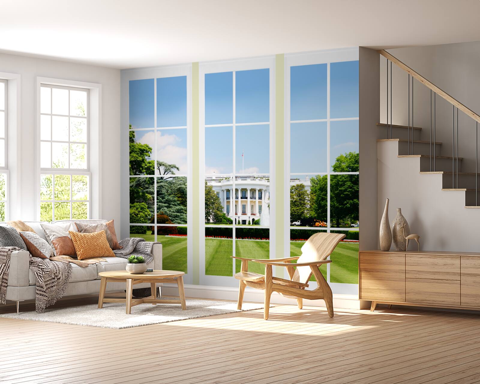 Fotobehang het huis is sneeuwwit met uitzicht op groene weiden voor de ramen