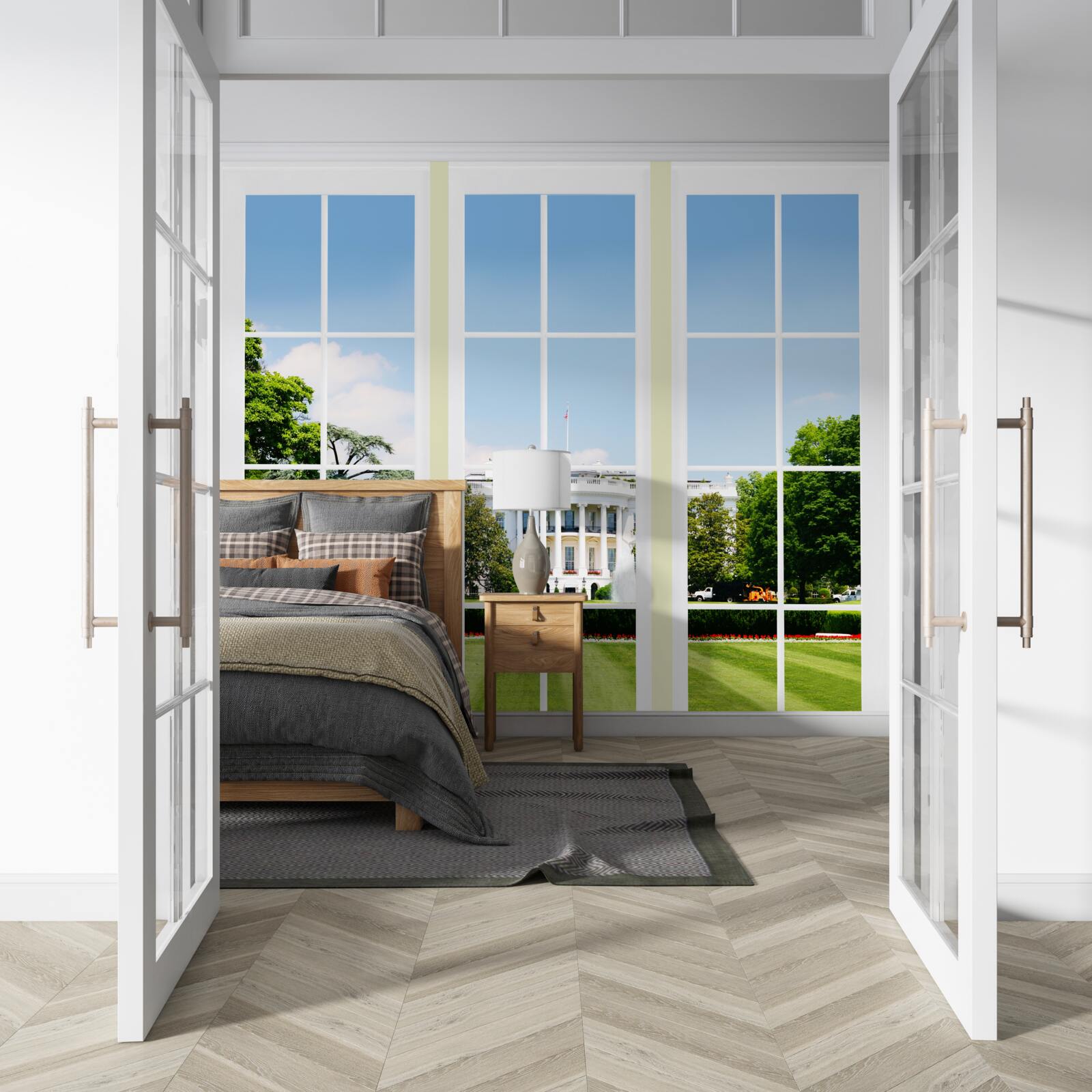 Fotobehang het huis is sneeuwwit met uitzicht op groene weiden voor de ramen