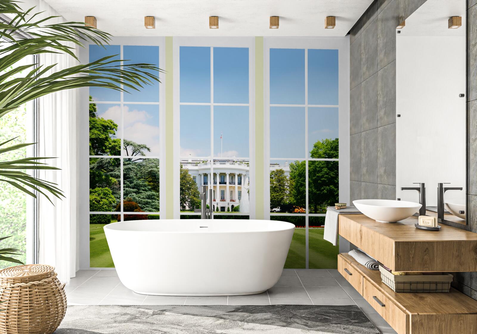 Fotobehang het huis is sneeuwwit met uitzicht op groene weiden voor de ramen