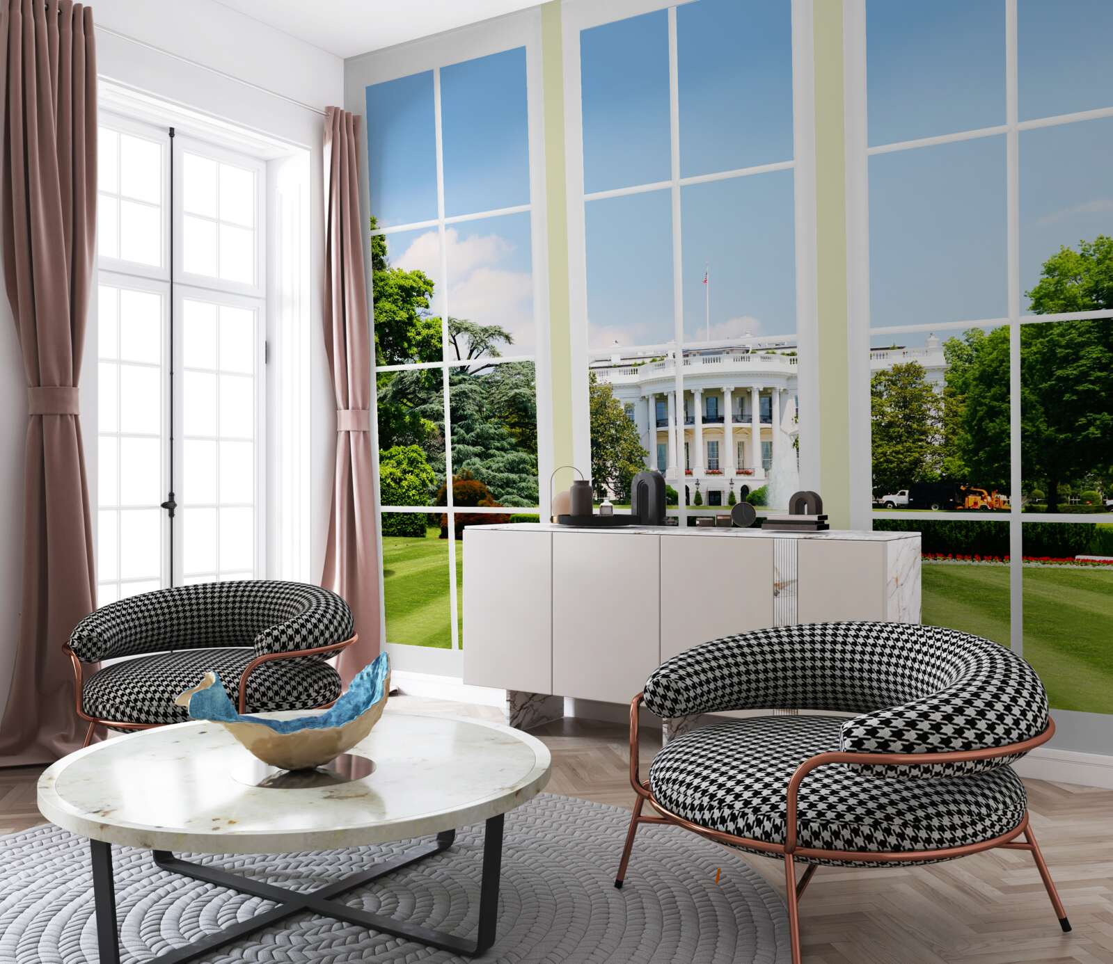 Fotobehang het huis is sneeuwwit met uitzicht op groene weiden voor de ramen