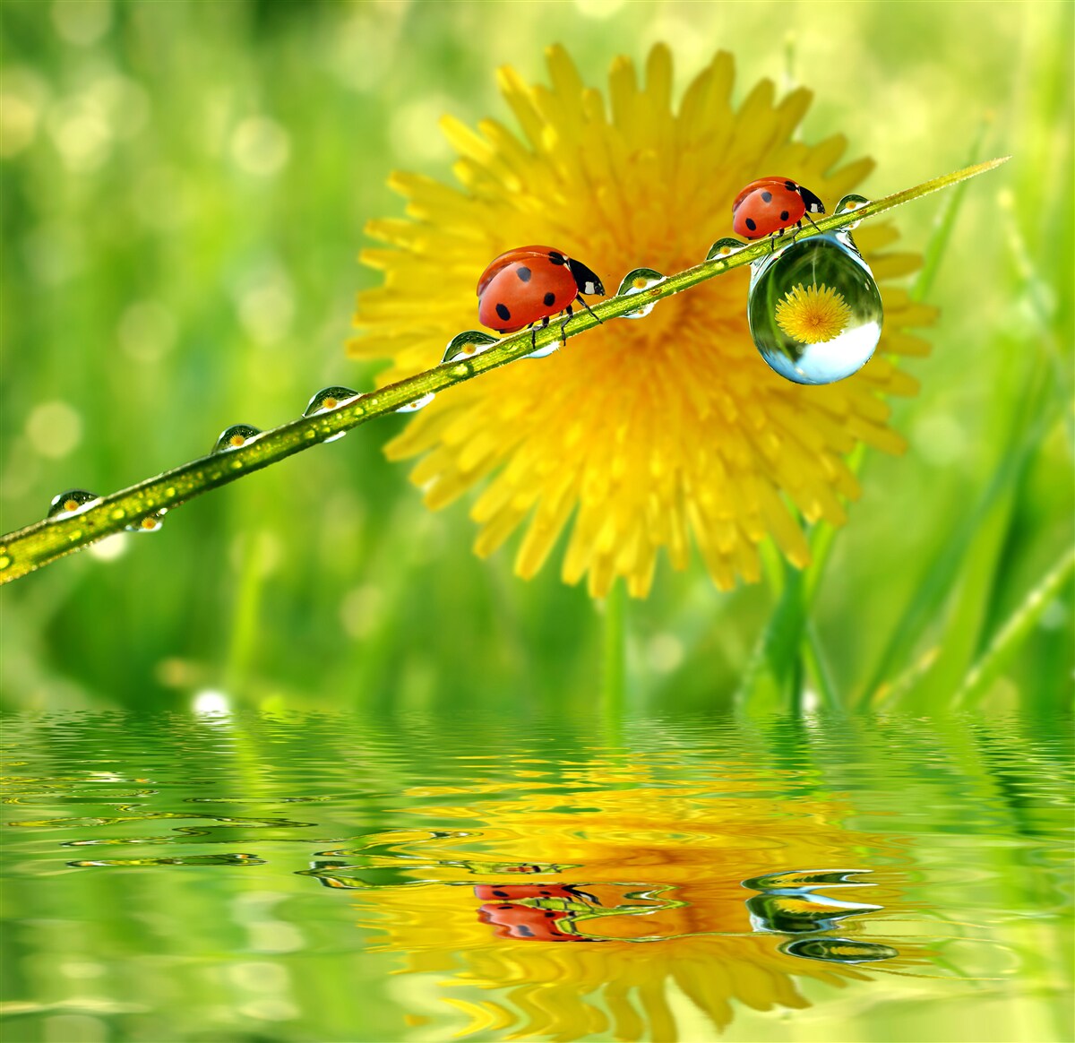 Fotobehang lieveheersbeestjes na een stortbui