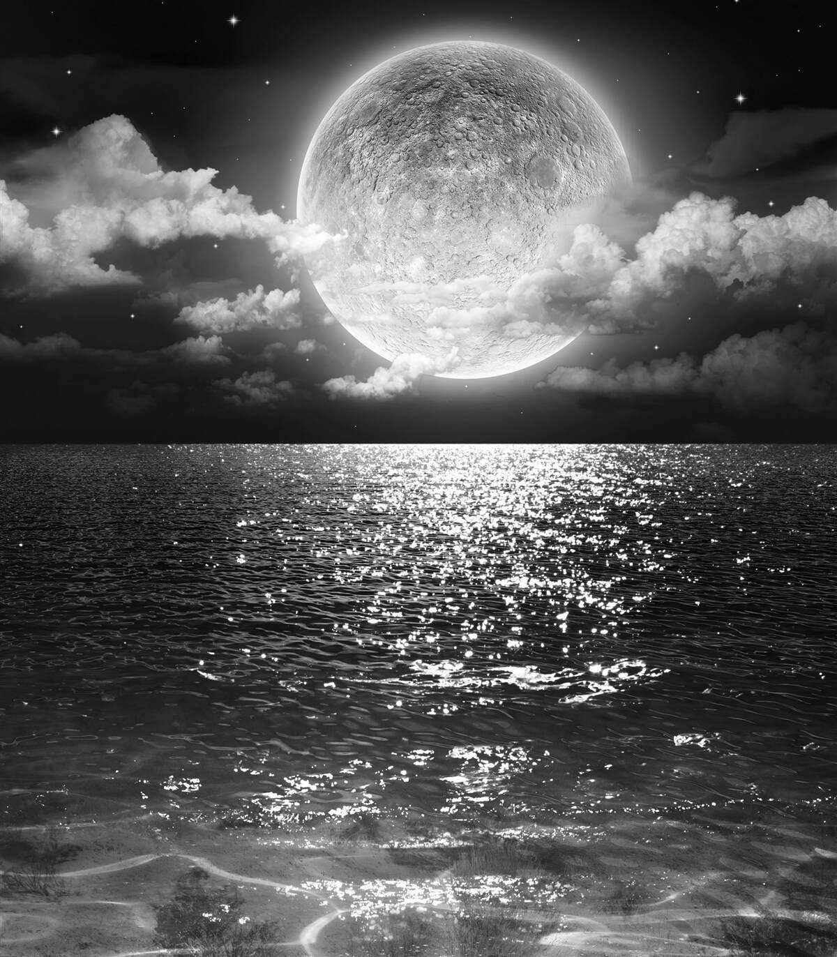 Fotobehang zonsondergang over de zee op de maan met zwart-witte schaduw