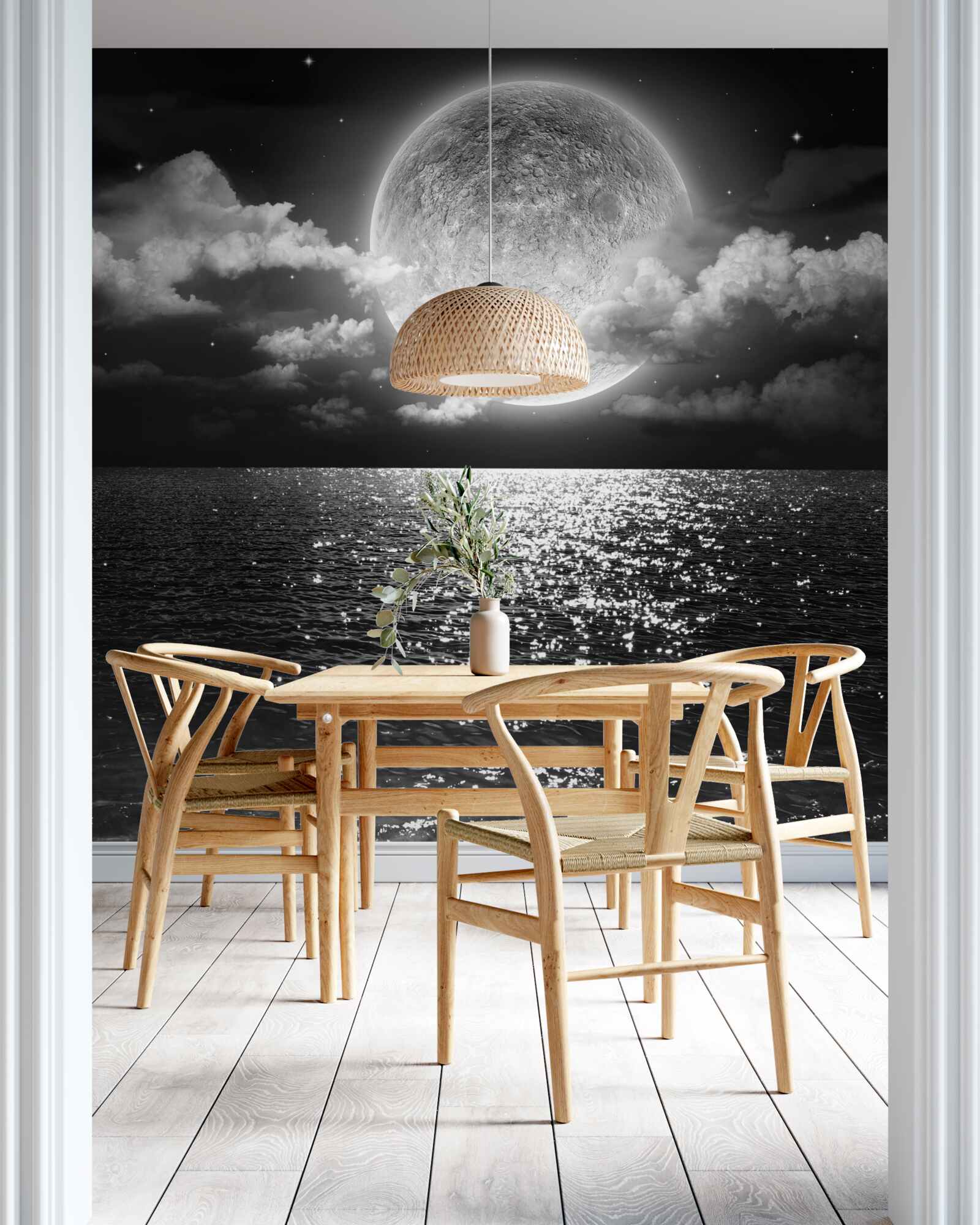 Fotobehang zonsondergang over de zee op de maan met zwart-witte schaduw