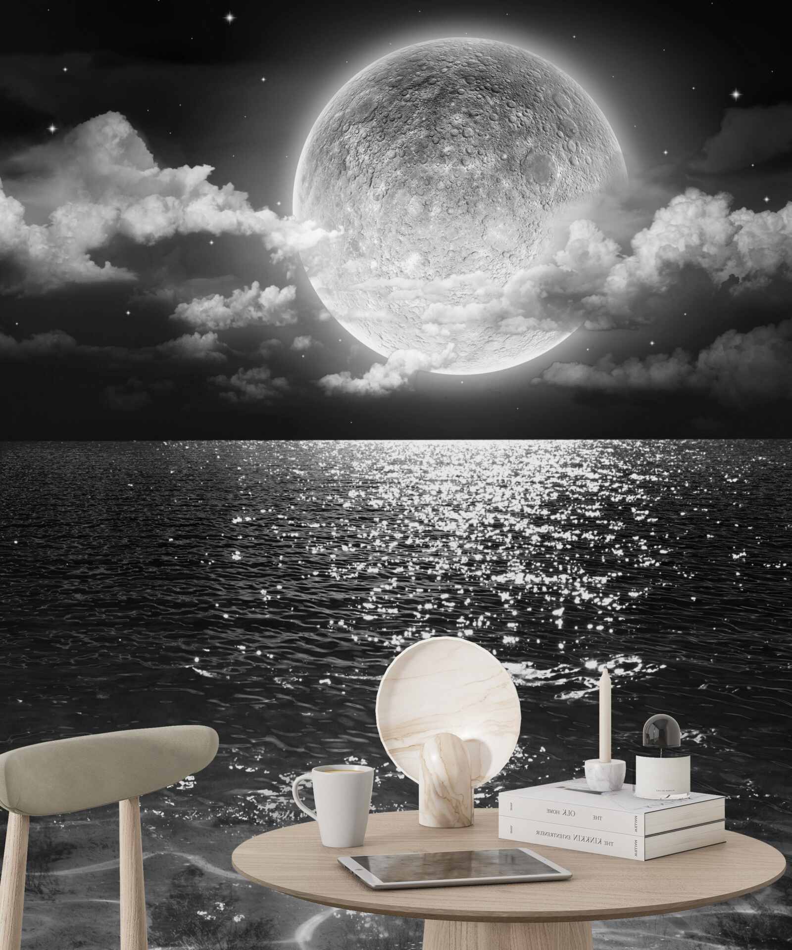 Fotobehang zonsondergang over de zee op de maan met zwart-witte schaduw