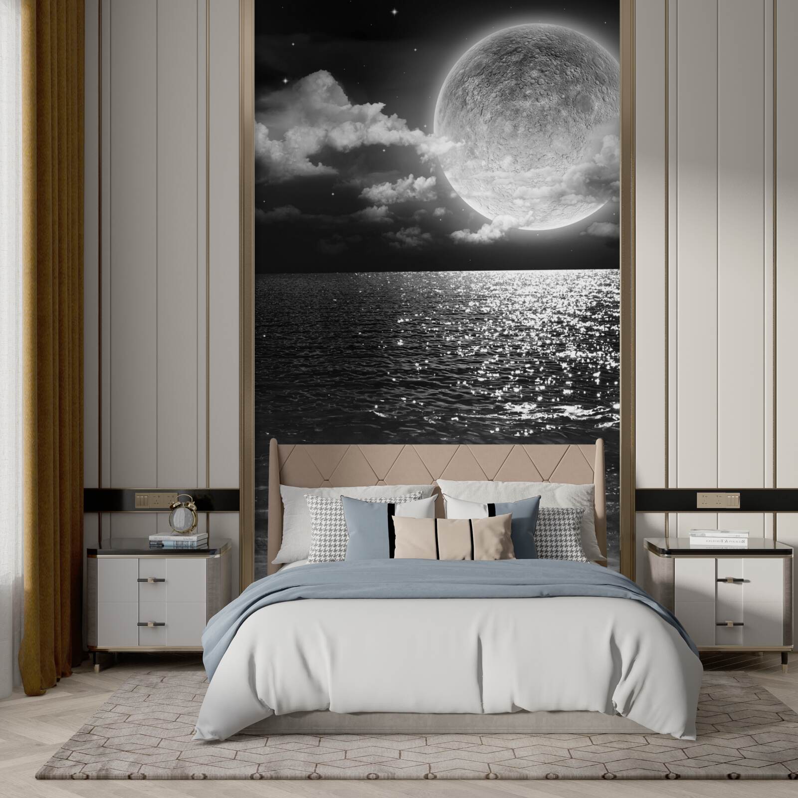 Fotobehang zonsondergang over de zee op de maan met zwart-witte schaduw