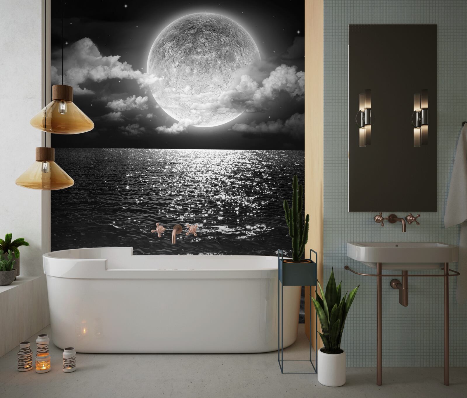 Fotobehang zonsondergang over de zee op de maan met zwart-witte schaduw