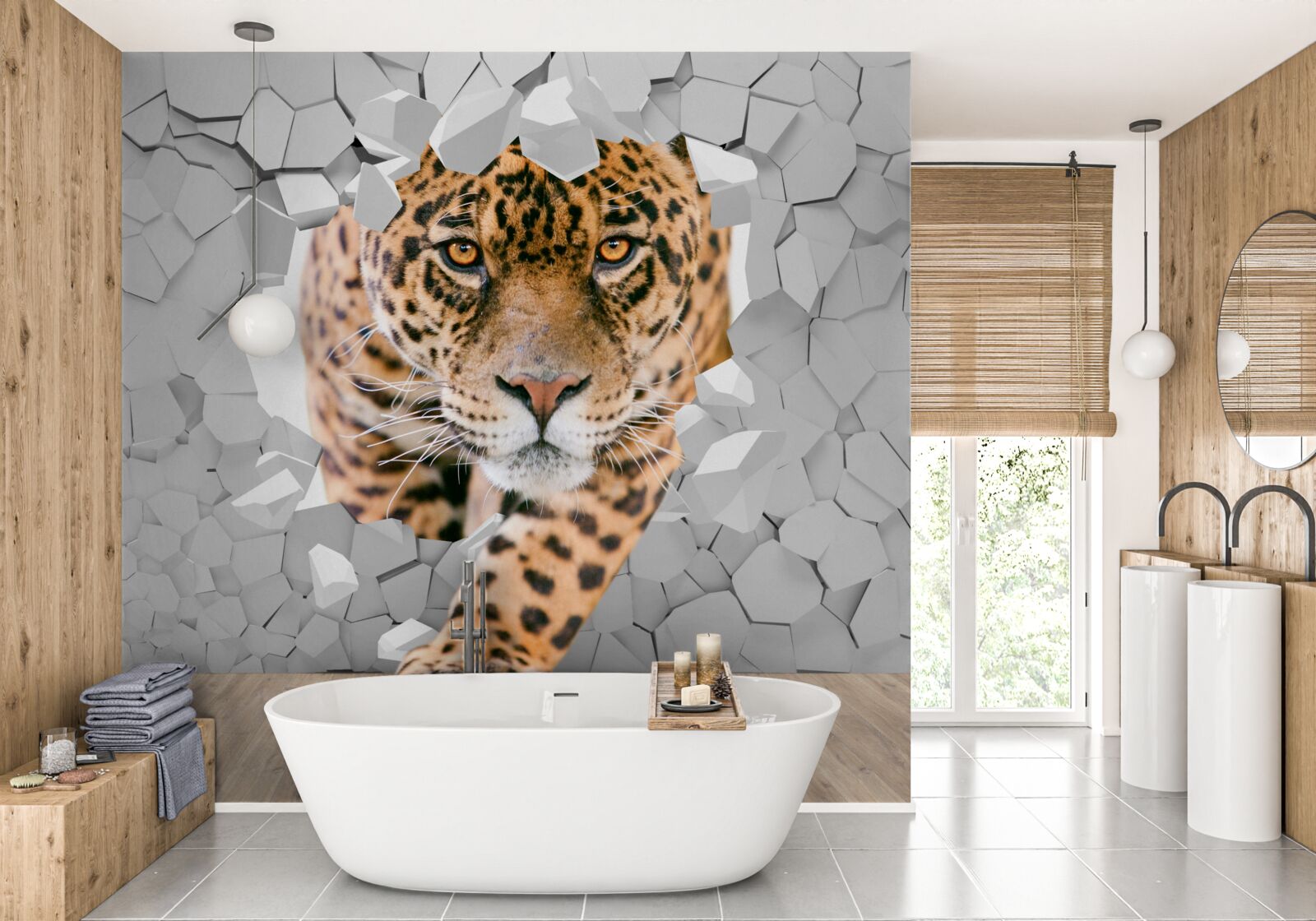 Fotobehang luipaard dringt door muur